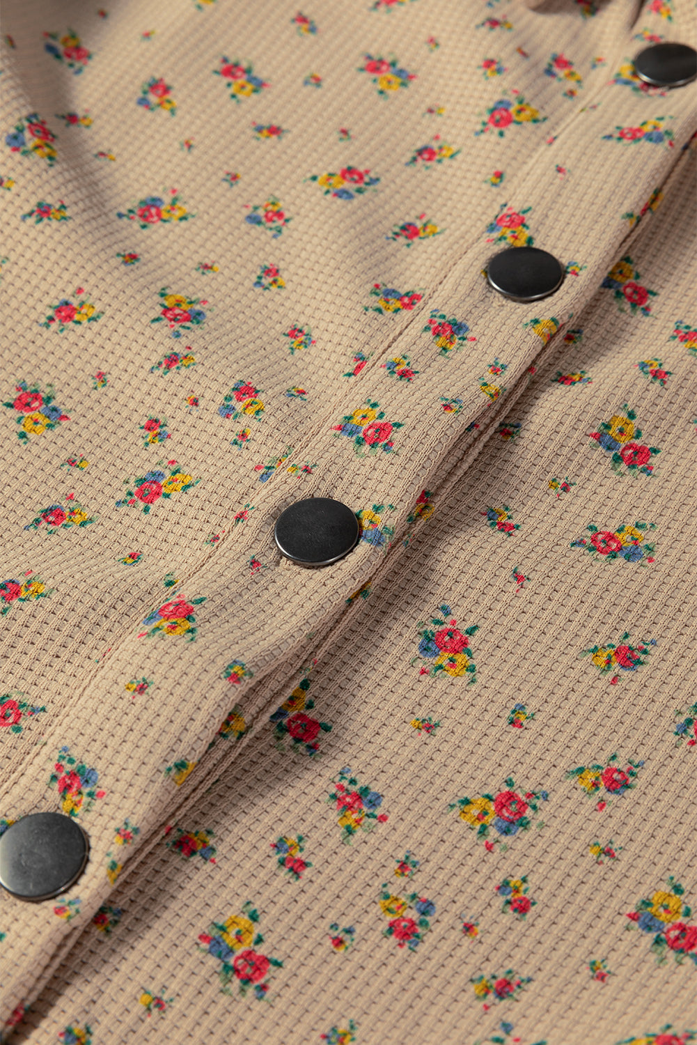 Boho Floral Plaid Patchwork Distressed Detail Ruffled Sleeve Waffle Shacket - eAura