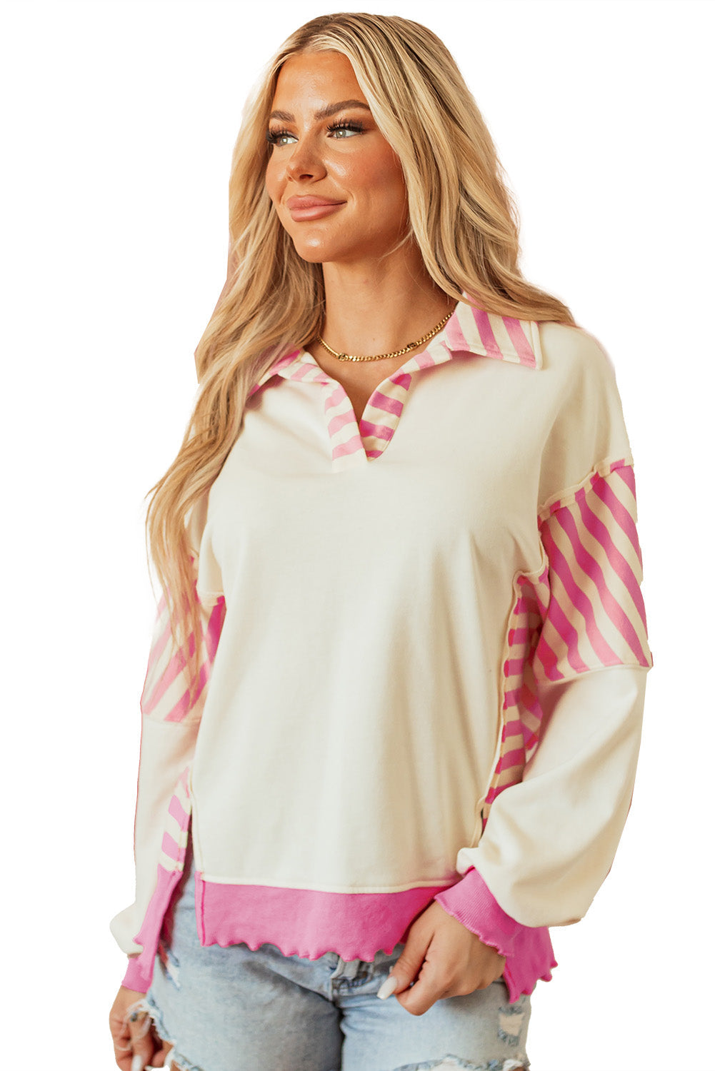 Pink Stripe Colorblock Patchwork Collared French Terry Knit Top BB Fashion Outlet
