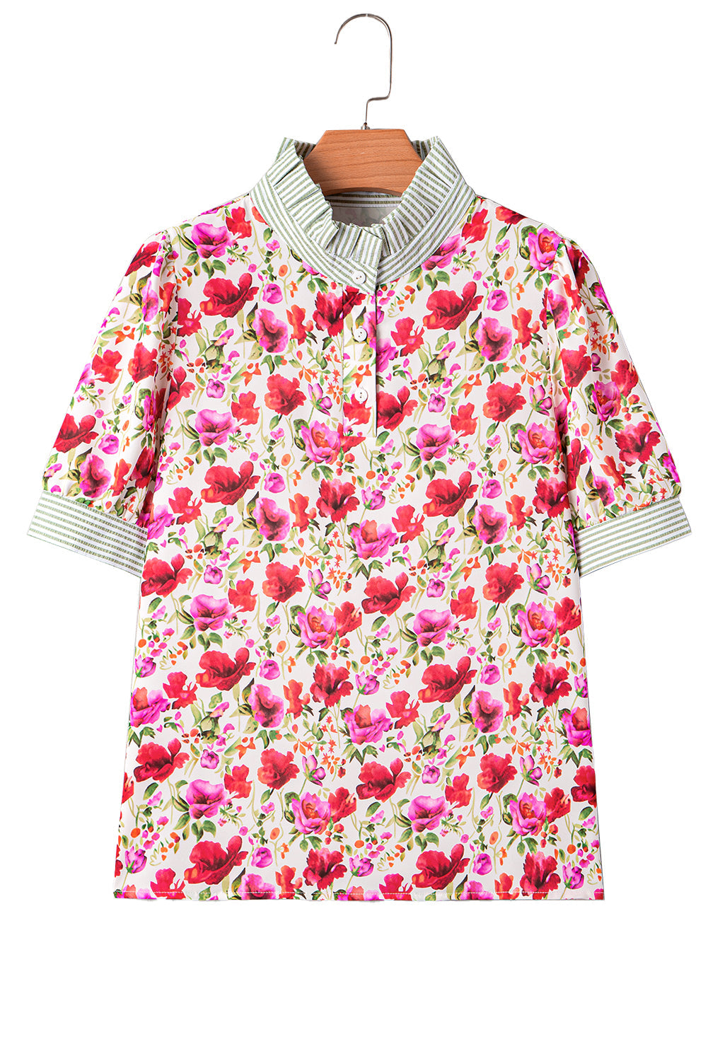 Red Floral Print Striped Patchwork Collared Short Sleeve Blouse eAura