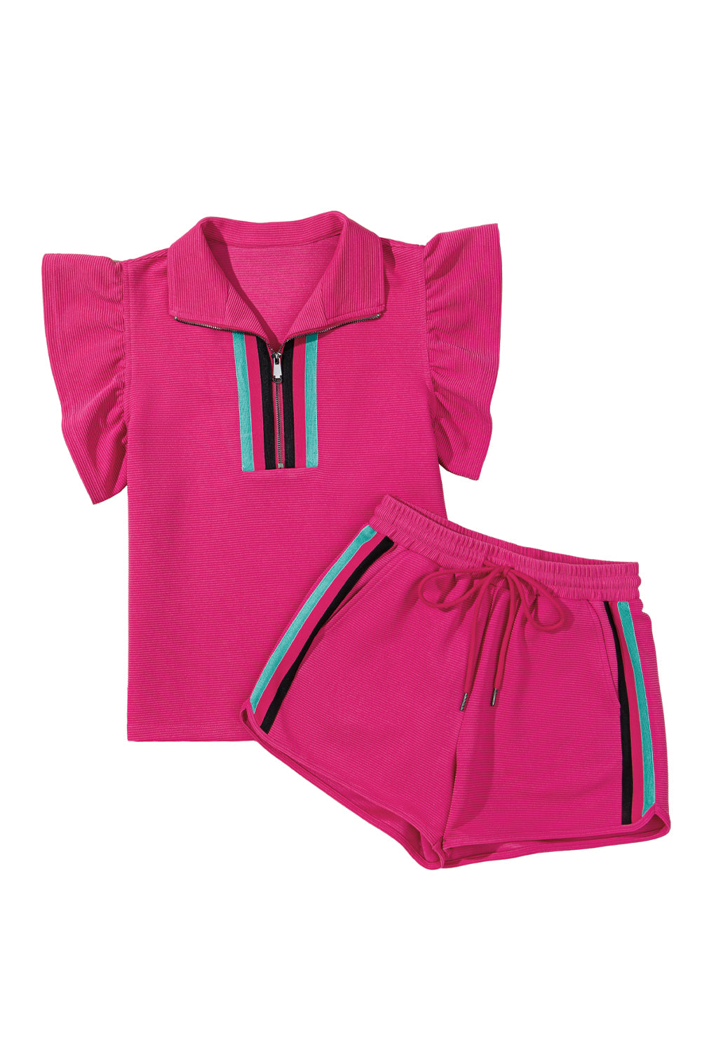 Strawberry Pink Striped Detail Flutter Sleeve Zipped Collar Short Set eAura