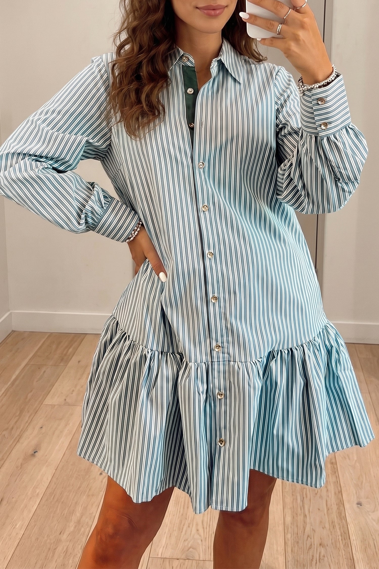 Striped Shift Long Sleeve Dress – Green Stripe