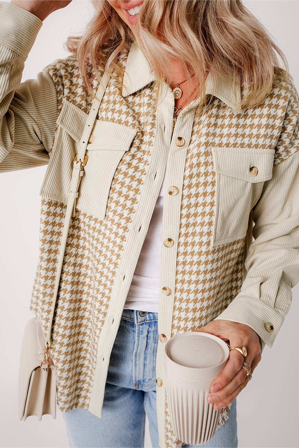 Parchment Houndstooth Corduroy Patchwork Flap Pocket Shacket Beagle Boutique Fashion Outlet