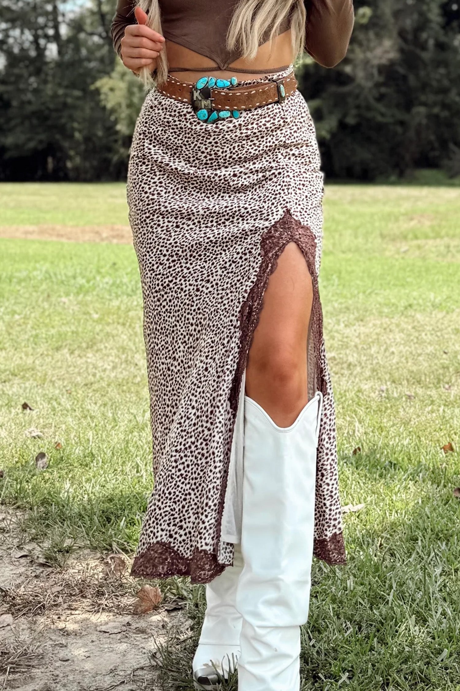 Cheetah Print Trim Split Long Western Skirt – Brown