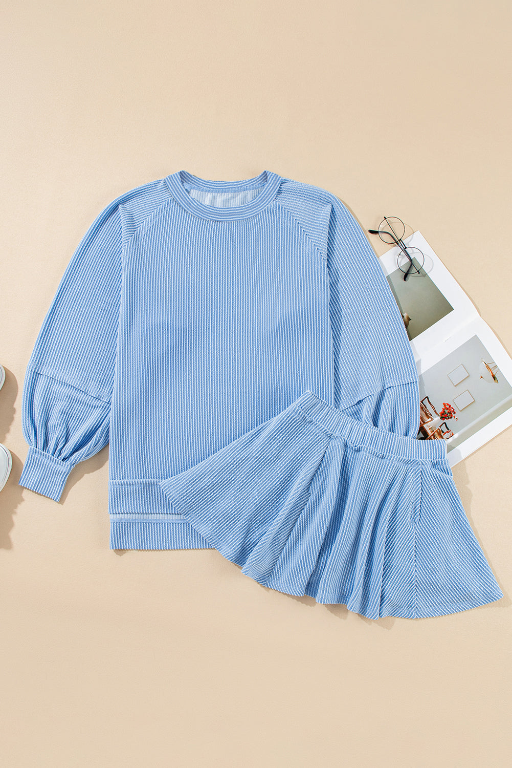 Soft Cord Lantern Sleeve Top & High Waist Ruffled Mini Skort Co-ord Dear-Lover Dropshipping