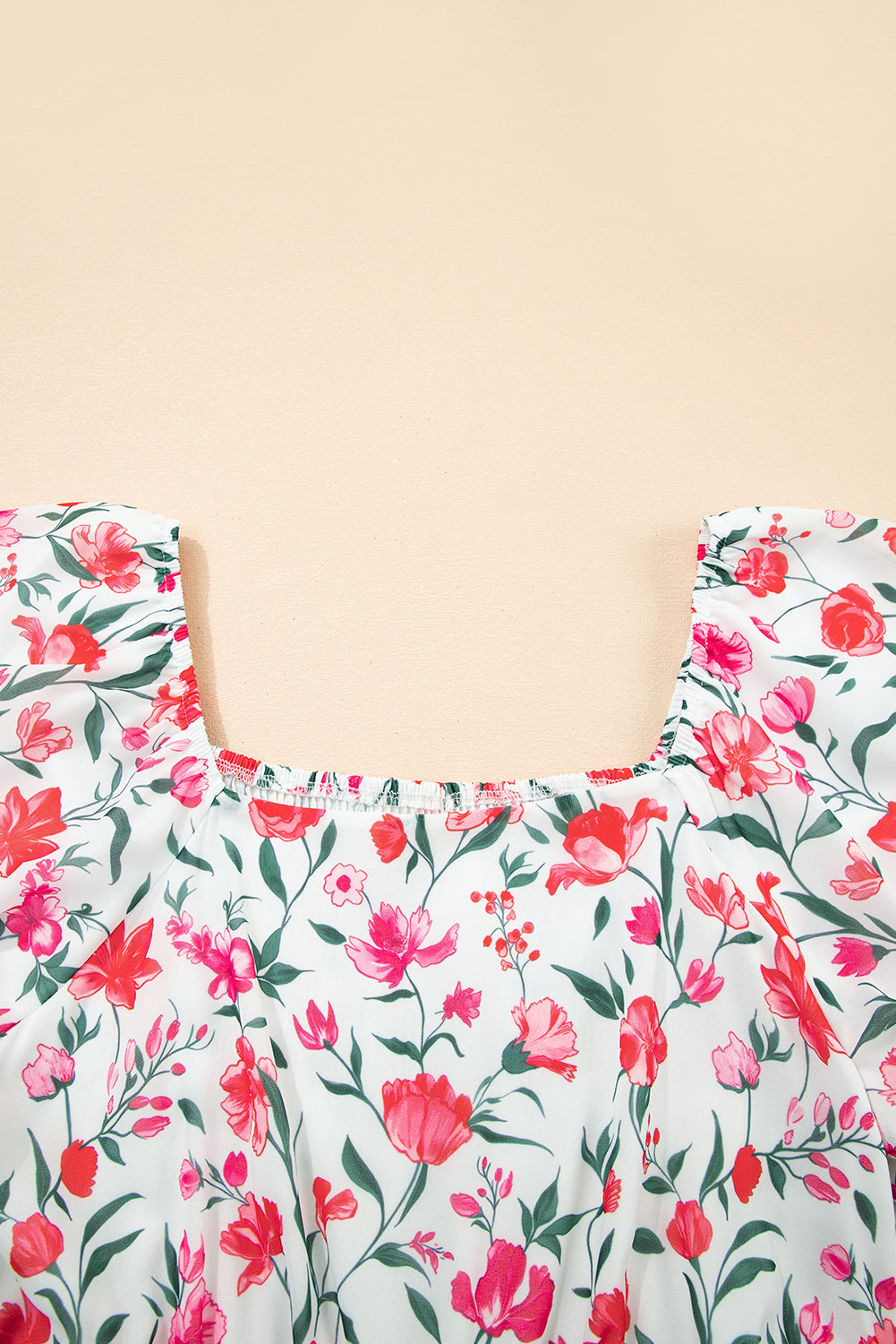 Pink Floral Puff Sleeve Square Neck Empire Waist Tiered Maxi Dress eAura