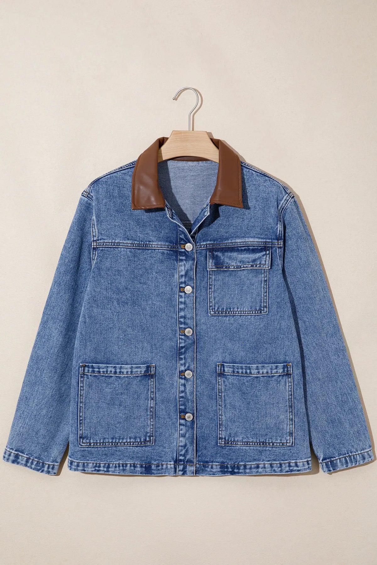 Sky Blue Patchwork Leather Collar Long Sleeve Denim Jacket – Light Blue