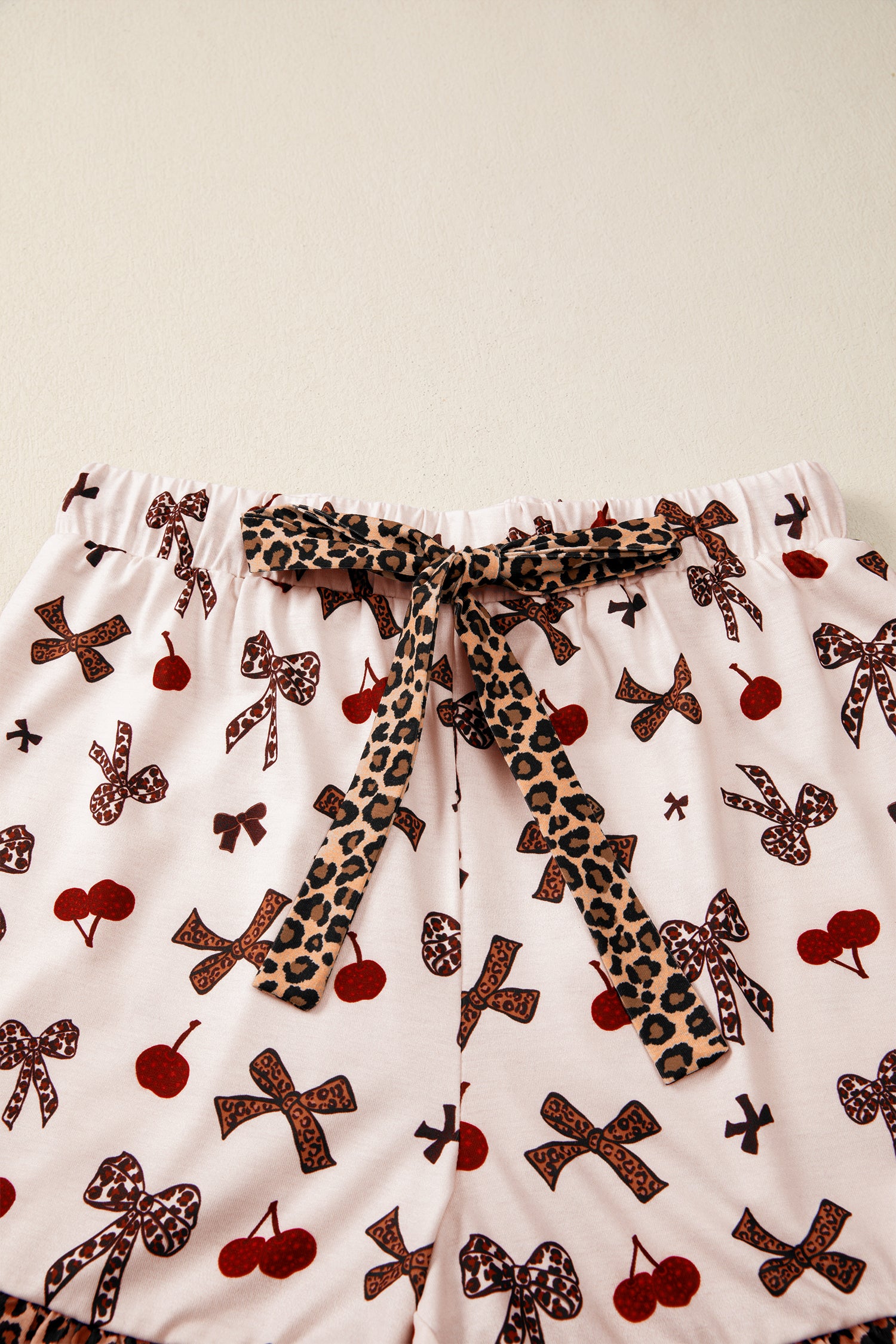 Chic Bow Cherry Print Leopard Contrast Shirt and Drawstring Pyjams