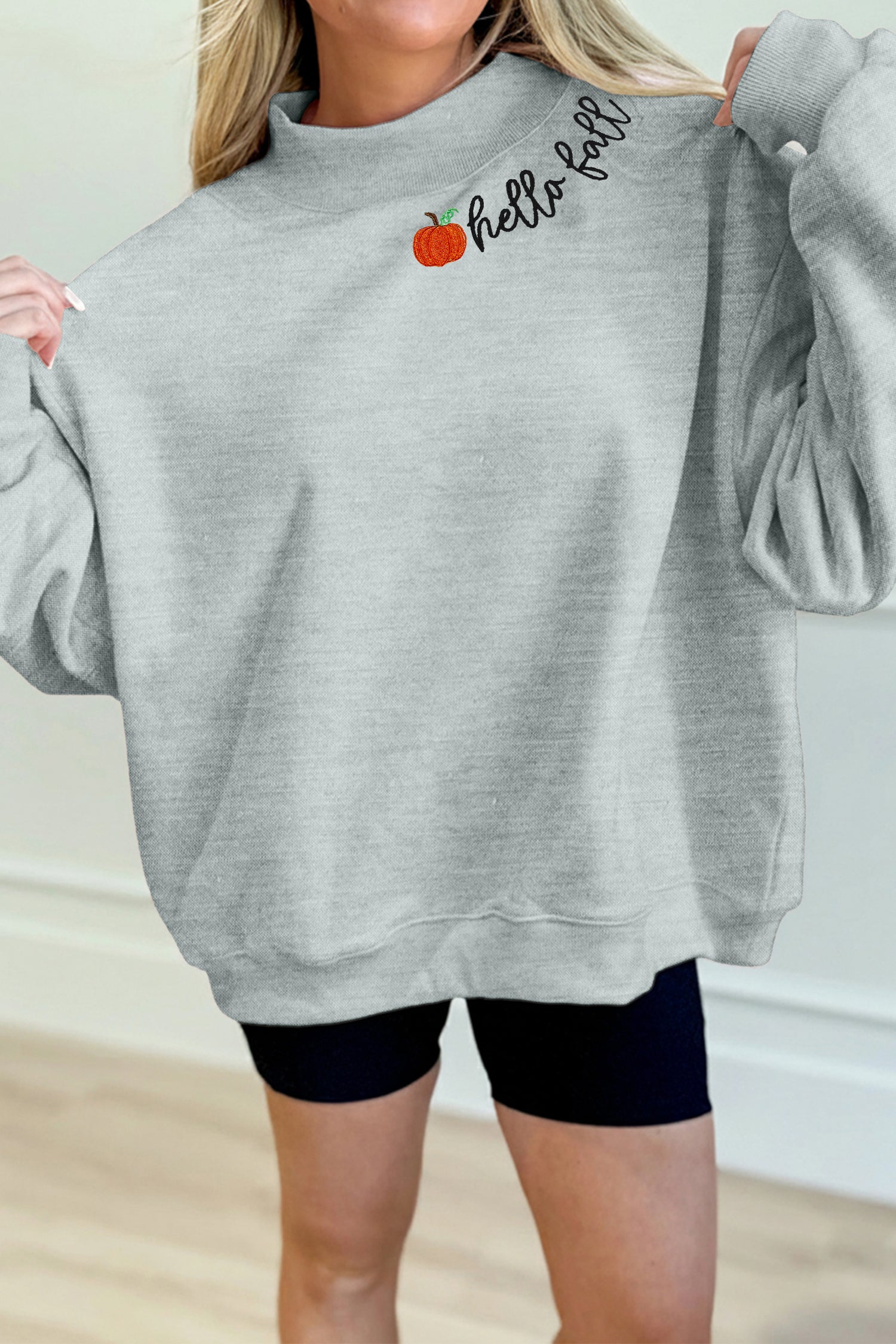 hello fall Embroidered Pumpkin Detail Mock Neck Sweatshirt – Gray