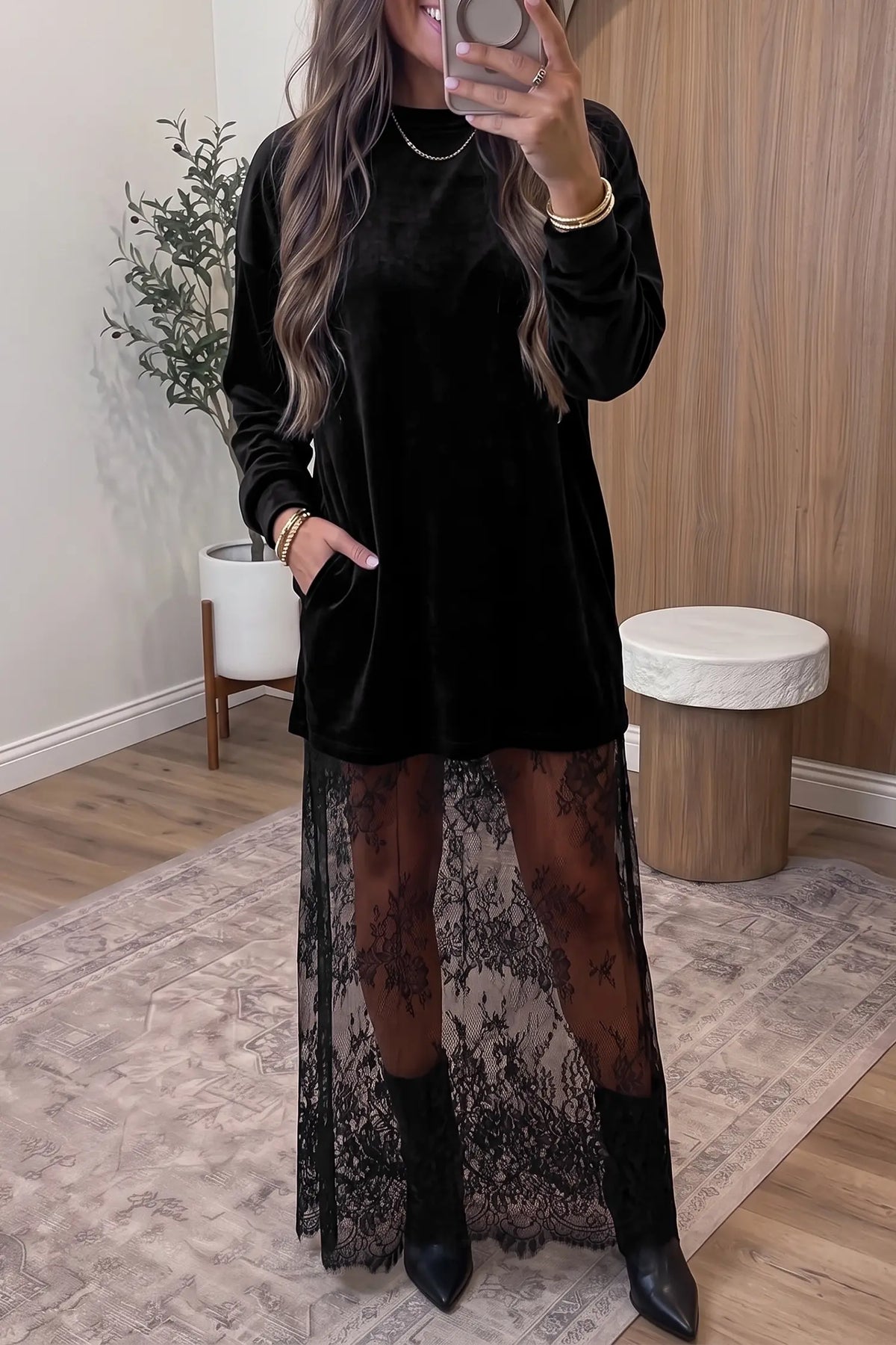 Velvet Long Sleeve Lace Splicing Hem Shift Maxi Dress