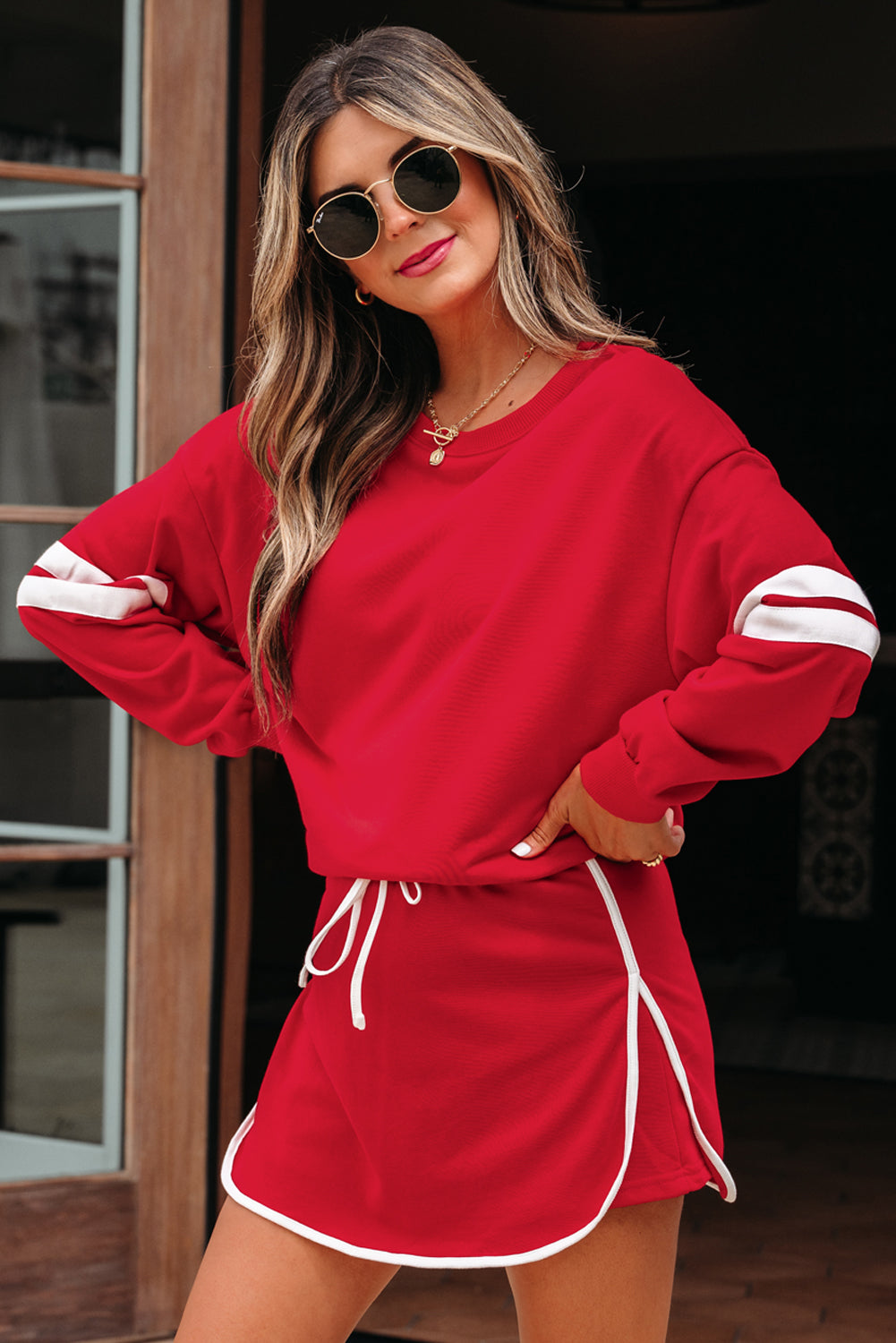 Varsity Stripe Detail Drop Shoulder Pullover Mini Skort Co-ord Set - eAura