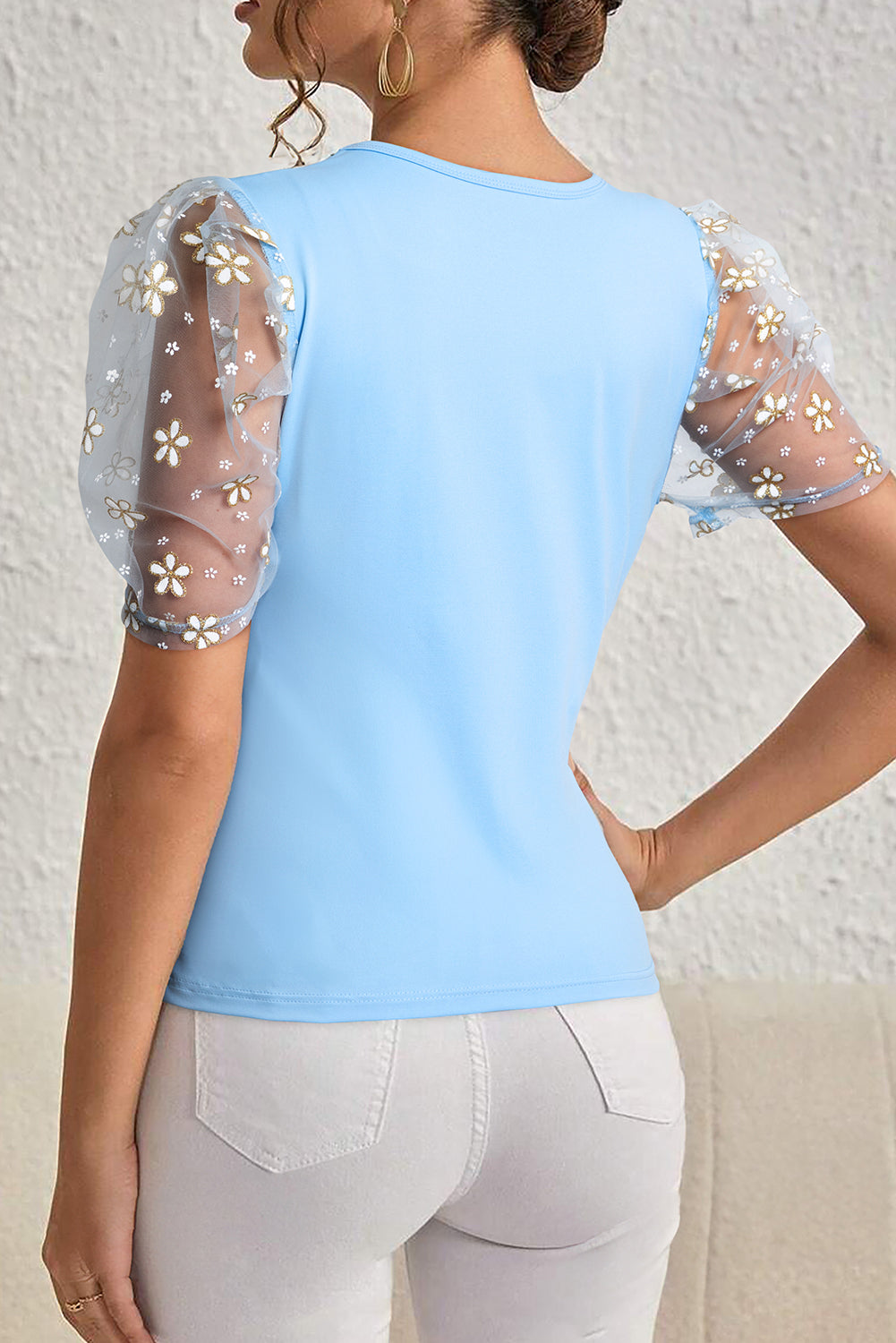 Beau Blue Floral Mesh Puff Sleeve Crew Neck Top eAura