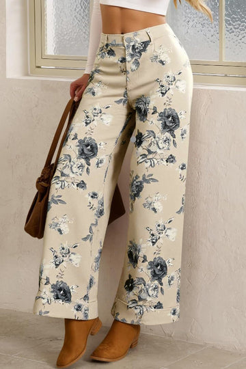 Beige Retro Floral Print Cuffed Hem Wide Leg Jeans