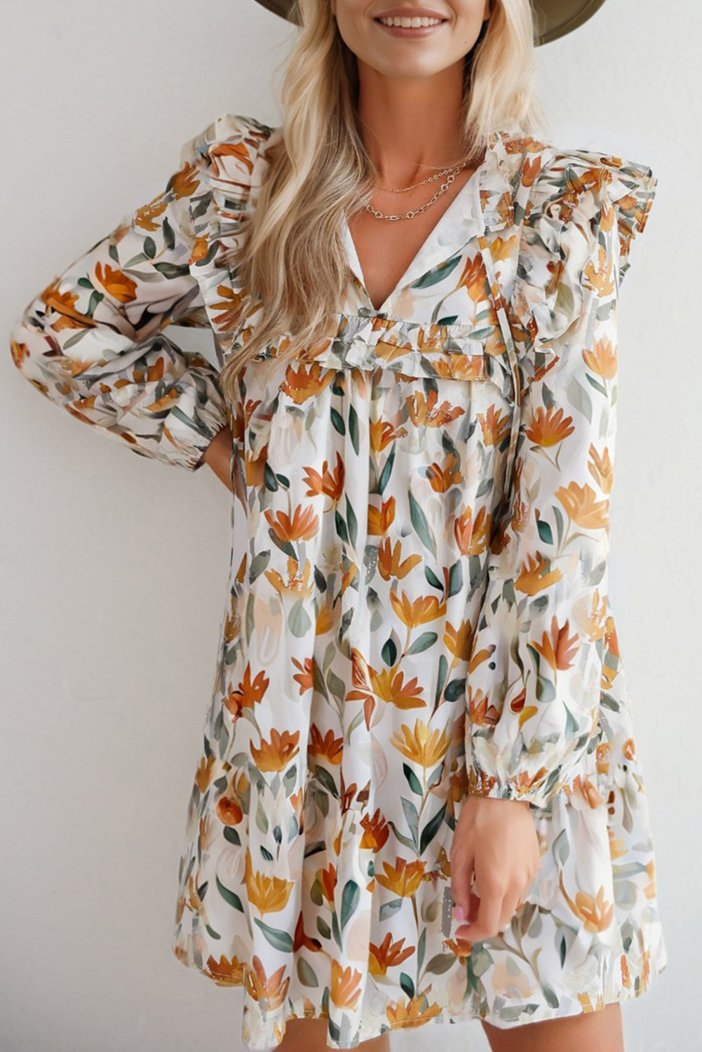 Yellow Floral Print Tie Neck Frilled Detail Long Sleeve Mini Dress Dear-Lover Dropshipping