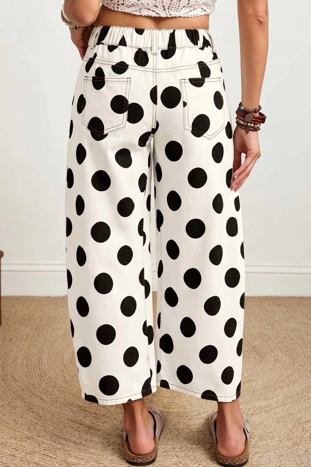 Brown Polka Dot Ankle-Length Barrel Jeans
