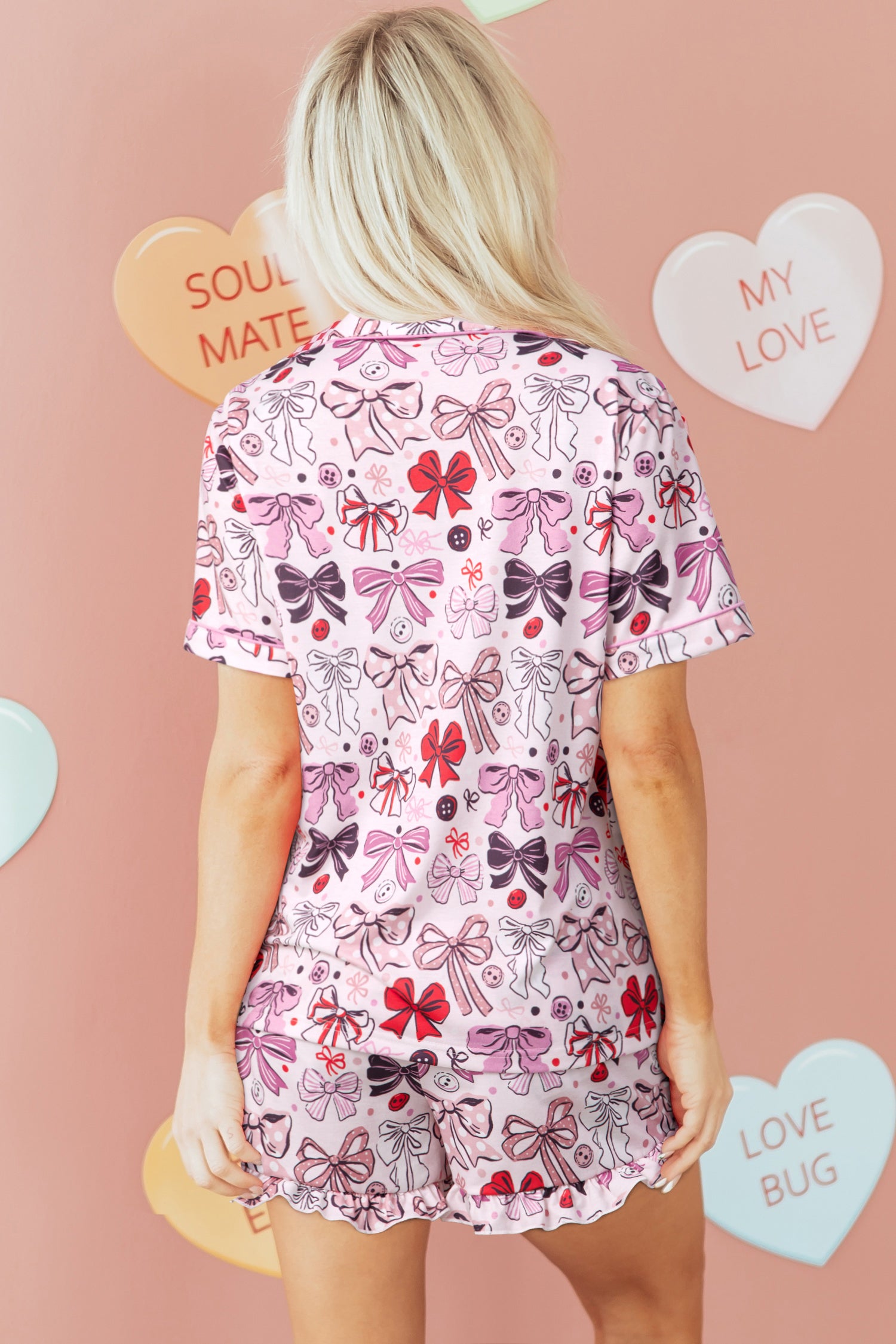 Cute Ribbon Bows Printed 2pcs Short Pajama Set – Pink