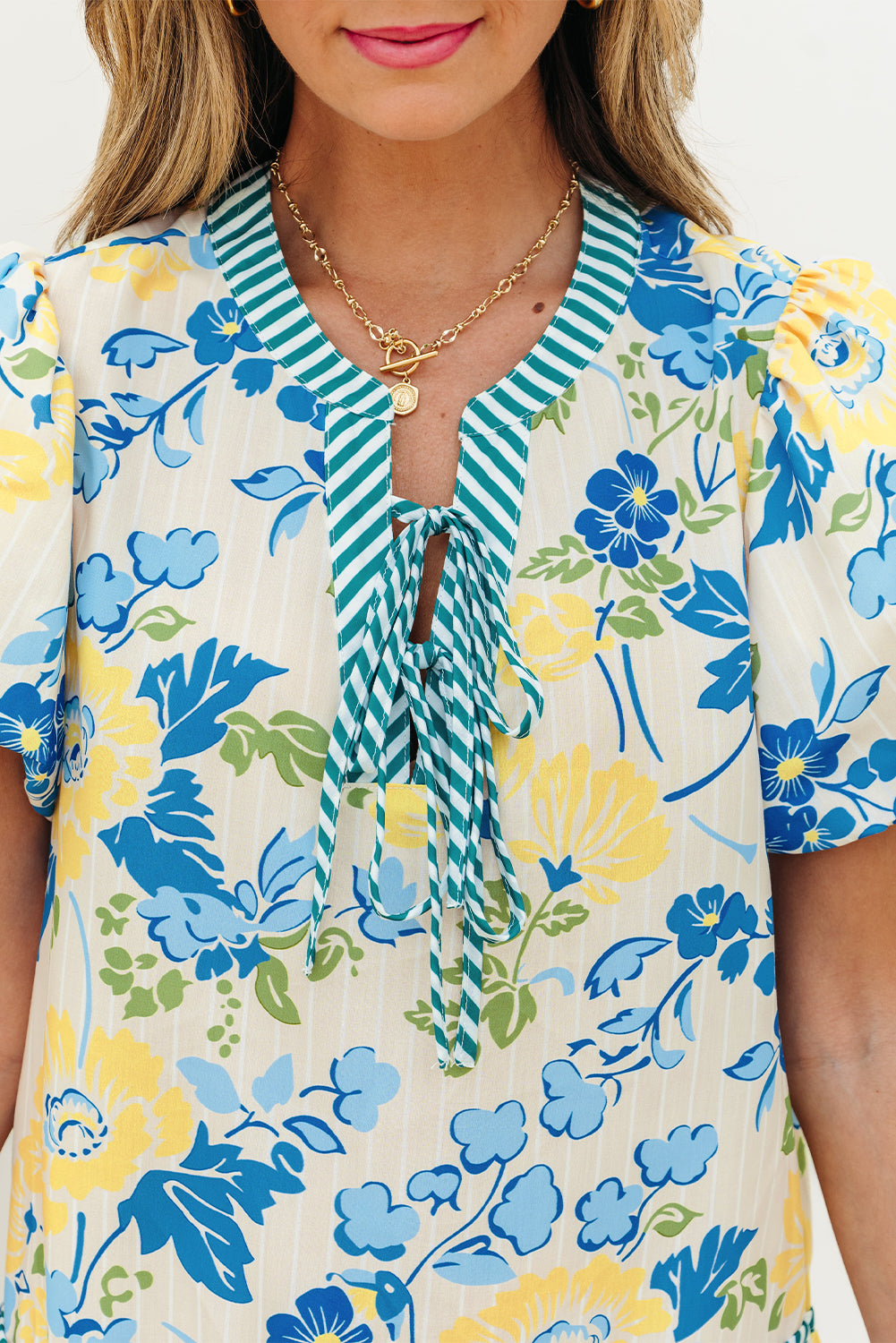 Blue Floral Striped Trim Puff Short Sleeve Dress eAura
