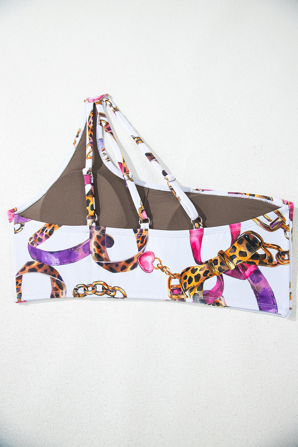 Khaki Abstract Print One Shoulder Ring Linked High Waist Bikini eAura