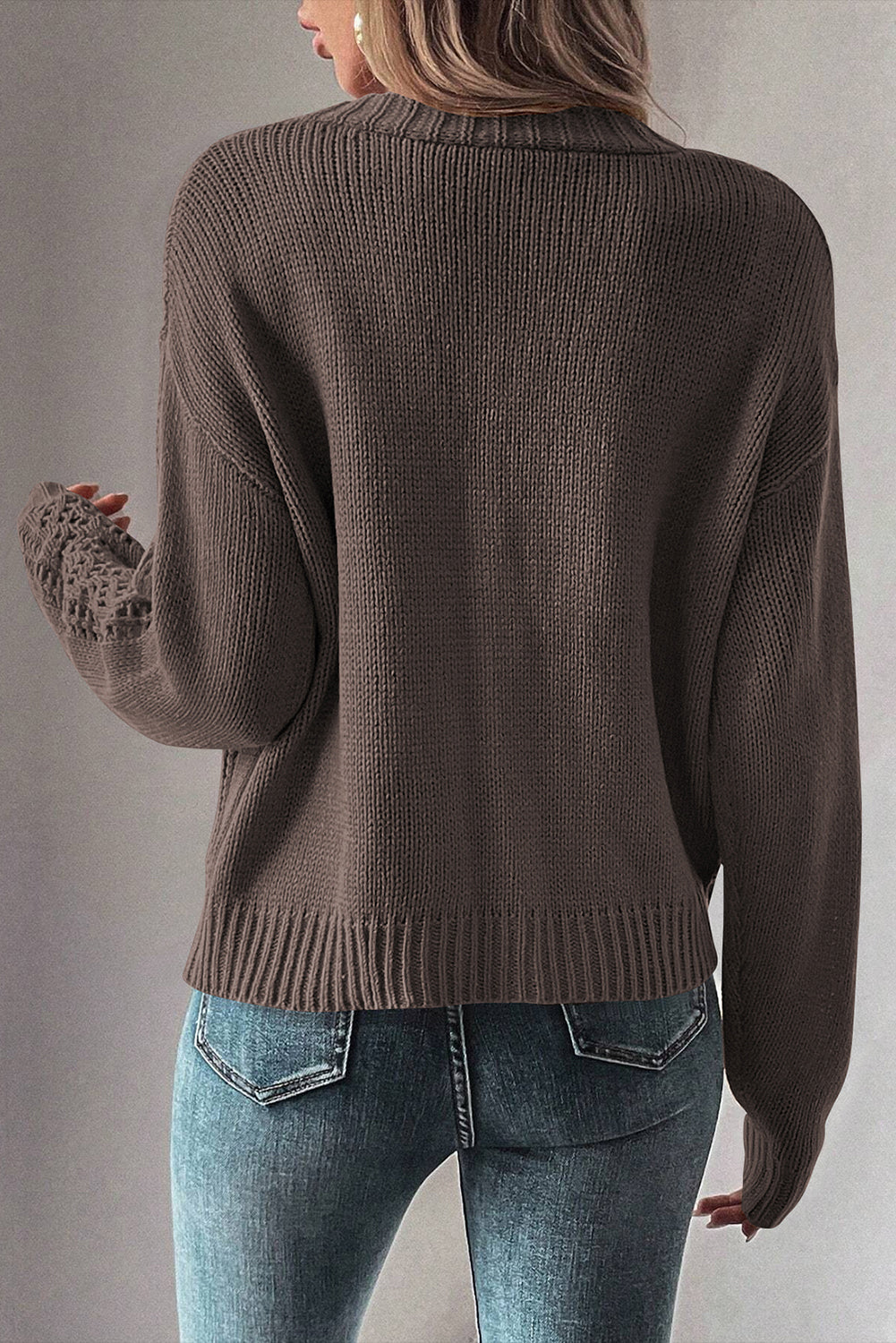 Dark Khaki Open Knit Drop Shoulder Sweater Cardigan eAura