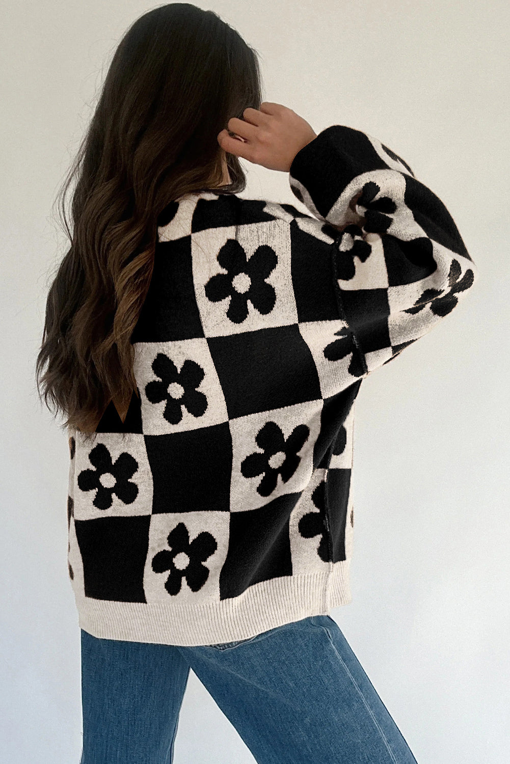 Flower Colourblock Checkered Henley Sweater - eAura