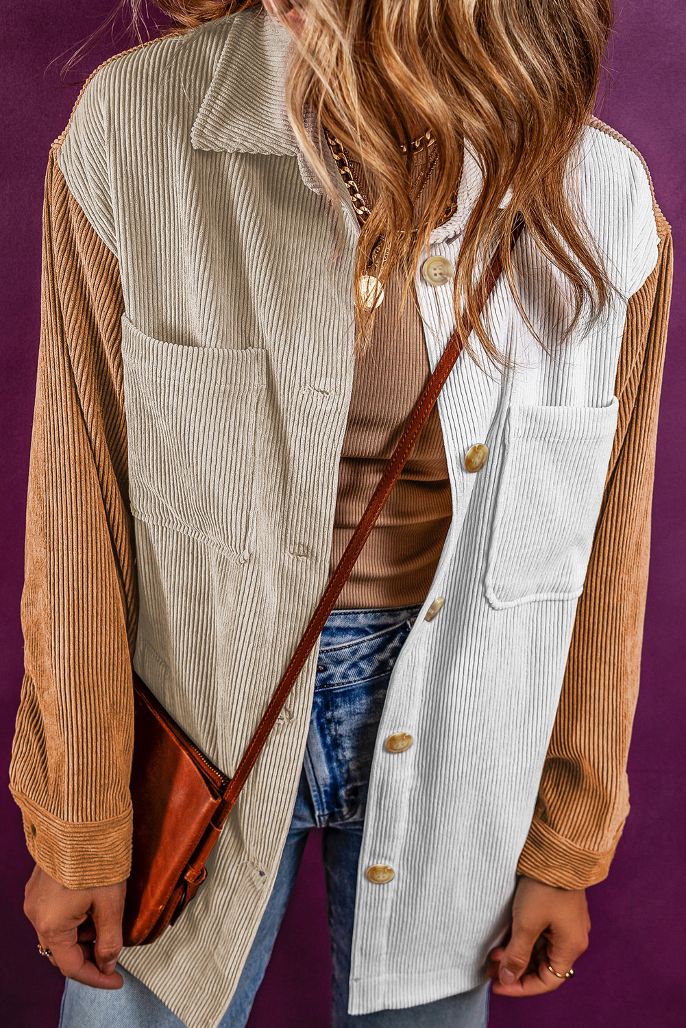 Multicolour Corduroy Colourblock Loose Shacket eAura