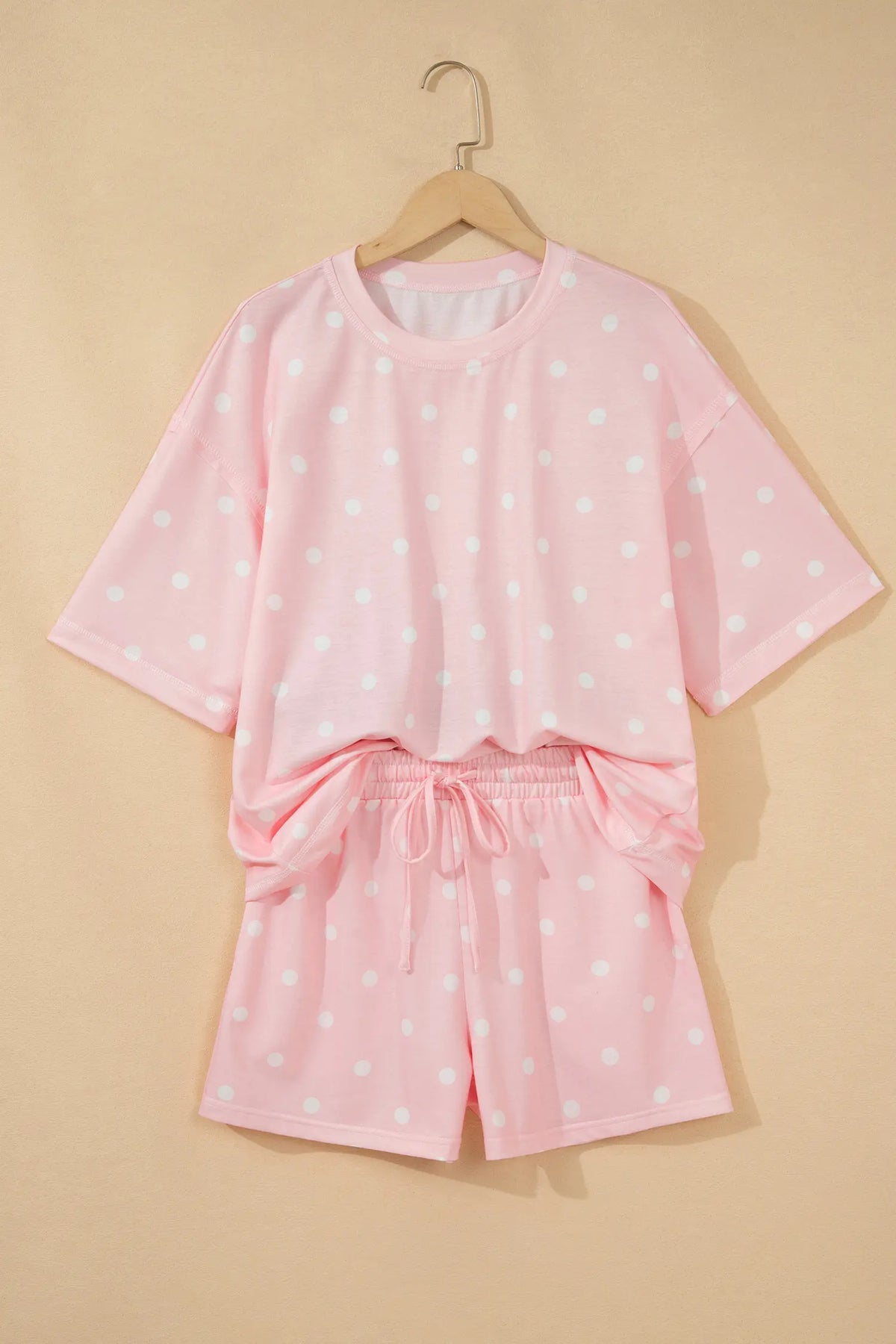 Polka Dot Short Sleeve Loose Top Drawstring Shorts Set – Pink