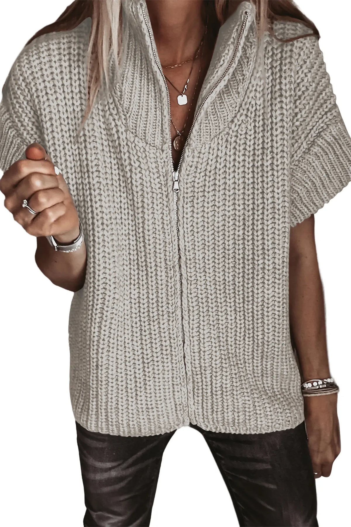 Jet Stream Solid Colour Short Sleeve Zipper Knit High Neck Sweater – Cream