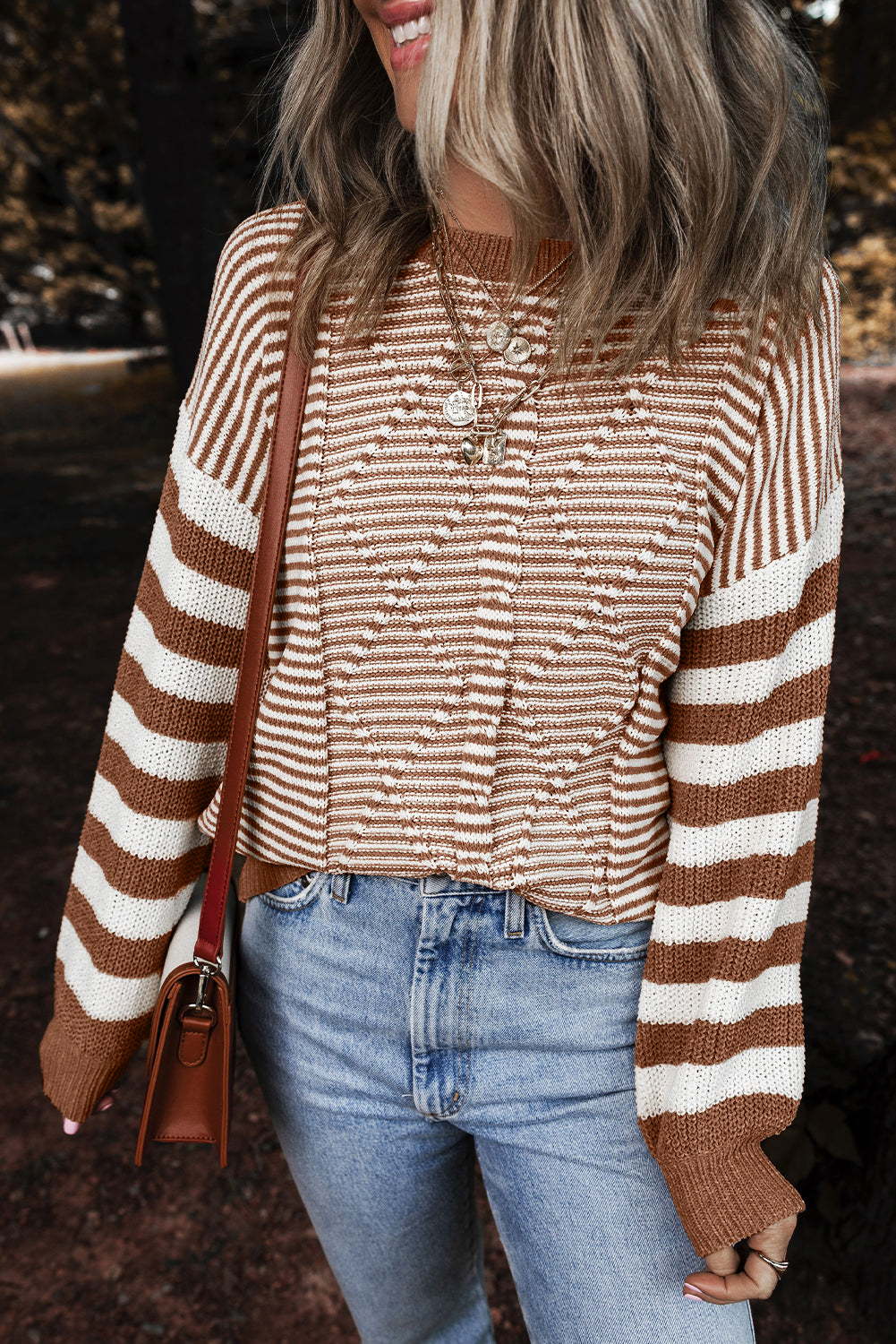 Red Stripe Geometric Textured Drop Shoulder Sweater eAura