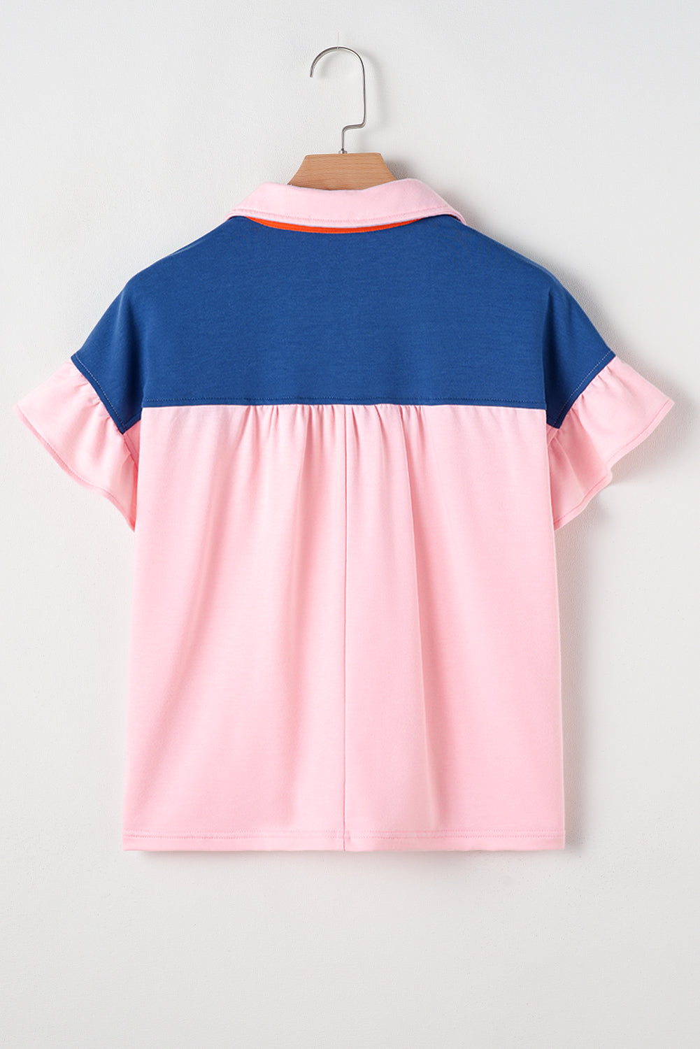 Gossamer Pink Colour Block Half Buttoned Ruffled Short Sleeve T Shirt eAura