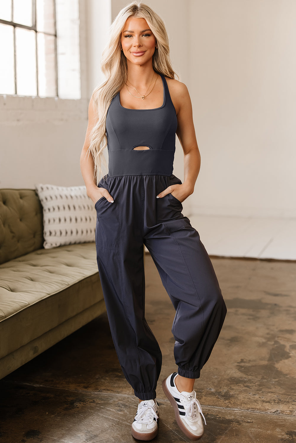 Carbon Grey Back Crossed Straps Hollow Out Jogger Jumpsuit eAura