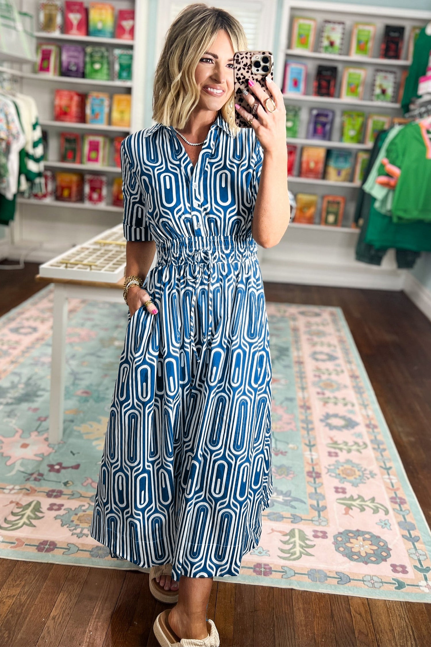 Geometric Print Short Sleeve Drawstring Shirt Collar Dress – Blue