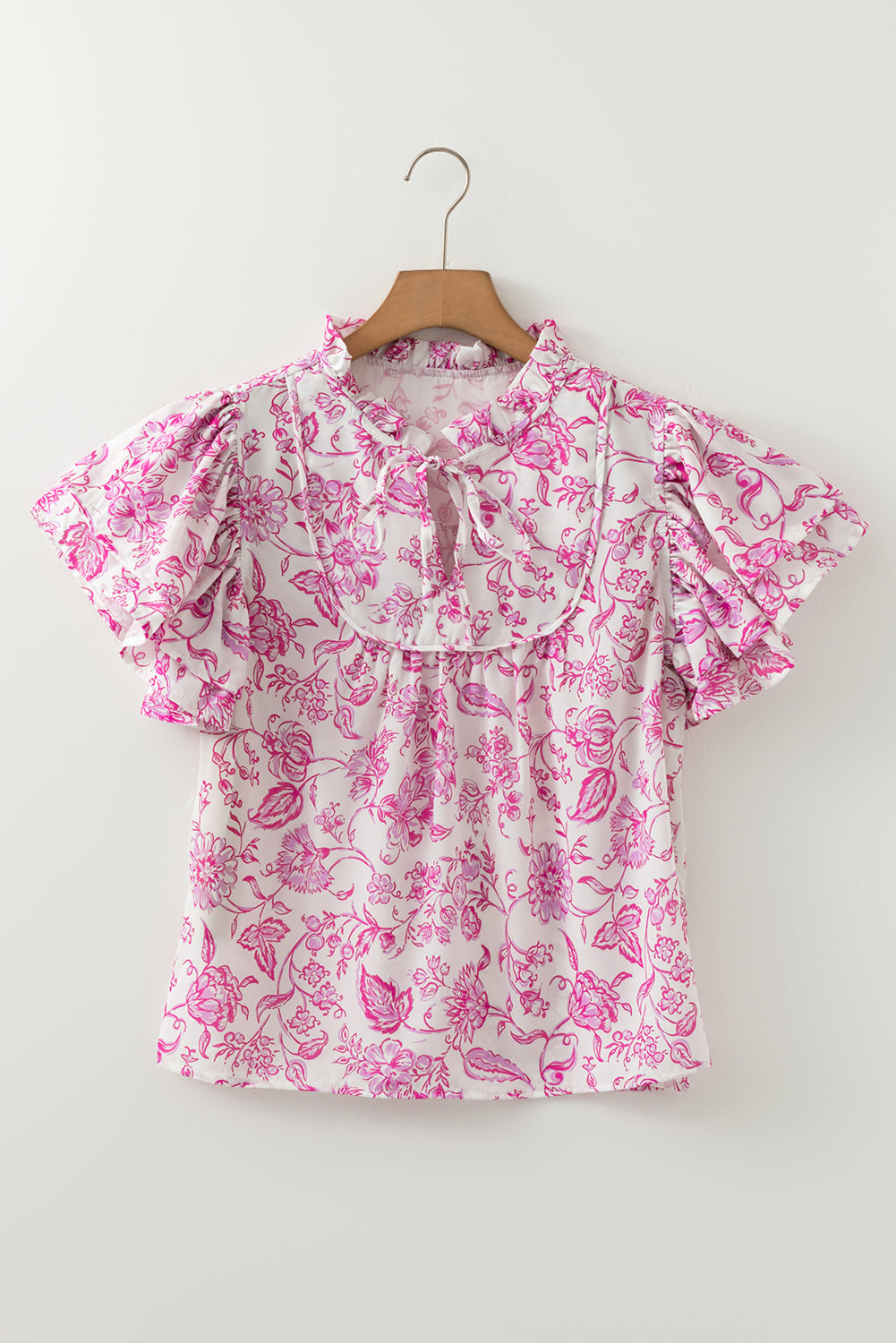 Pink Baroque Floral Ruffle Sleeve V-Neck Blouse Top eAura