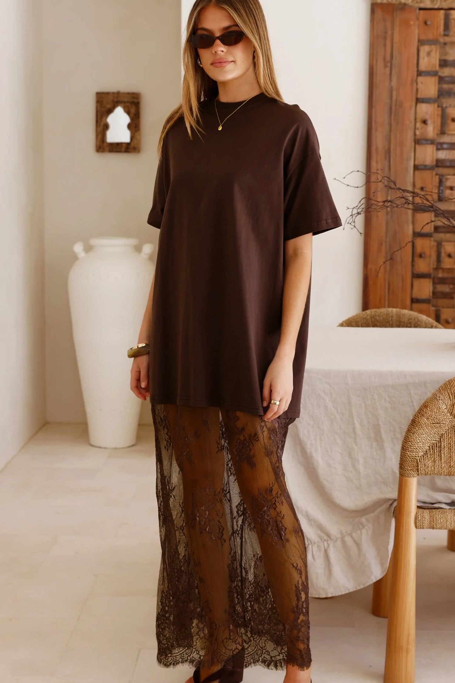 White Floral Patchwork Short Sleeve T-Shirt Loose Lace Maxi Dress