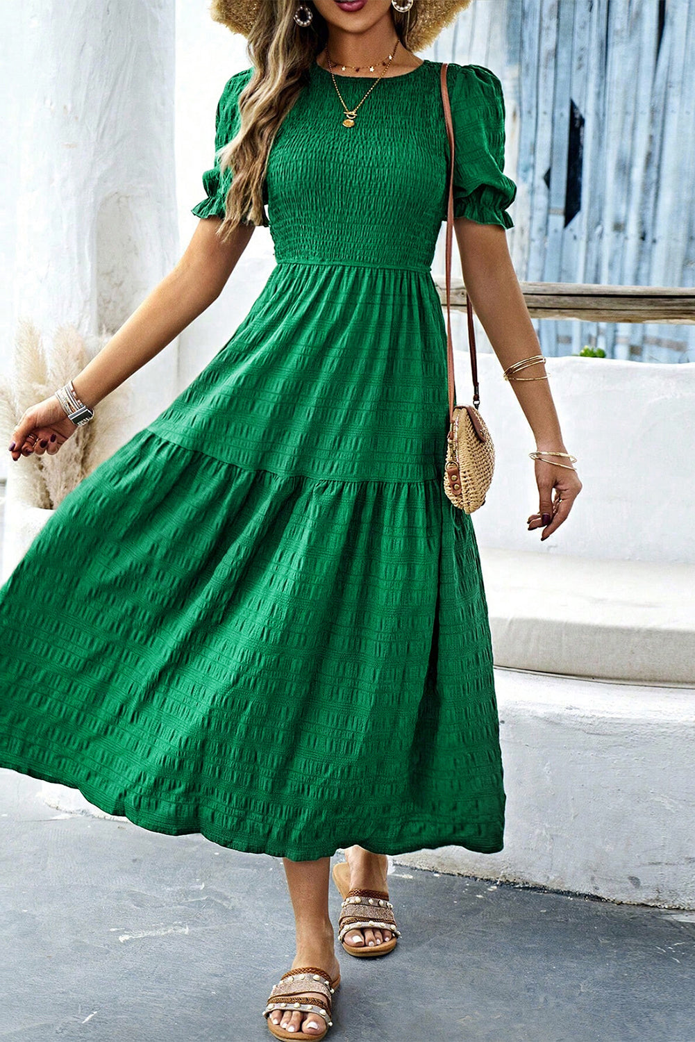 Dark Green Puff Short Sleeve Textured Tiered Maxi Dress eAura
