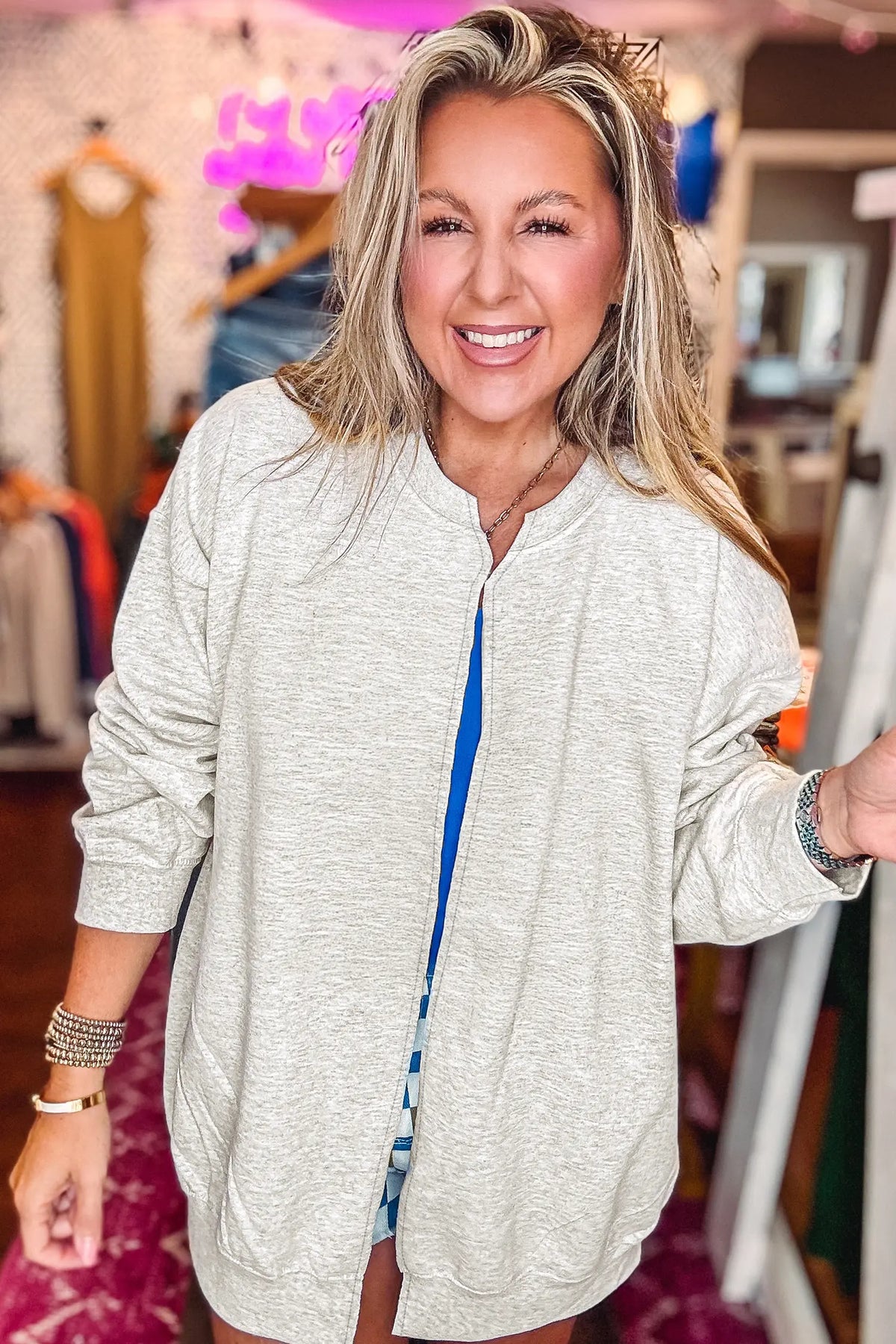 Solid Colour Zip Front Jacket Style Sweatshirt – Light Grey