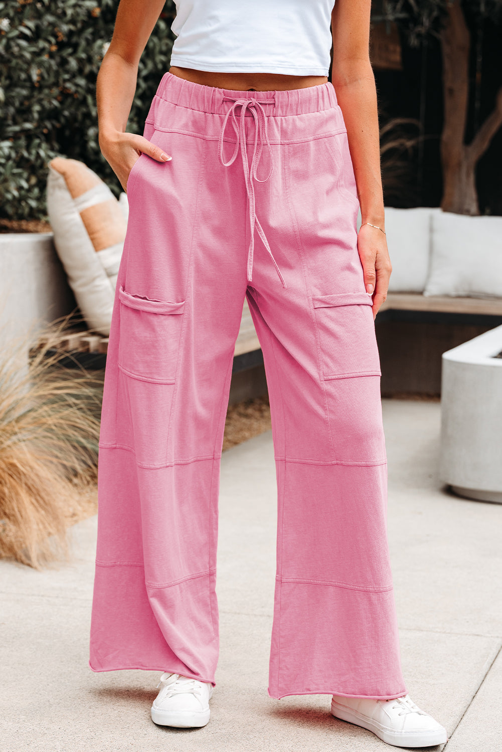 Mineral Wash Exposed Seam Drawstring High Waist Wide Leg Cargo Trousers eAura