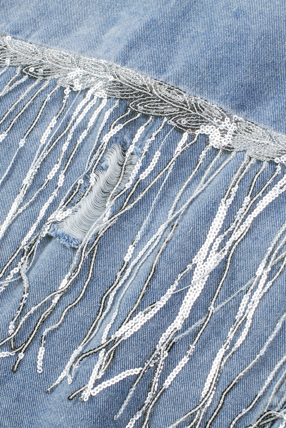Sky Blue Sequin Embellished Fringe Distressed Denim Jacket Beagle Boutique Fashion Outlet