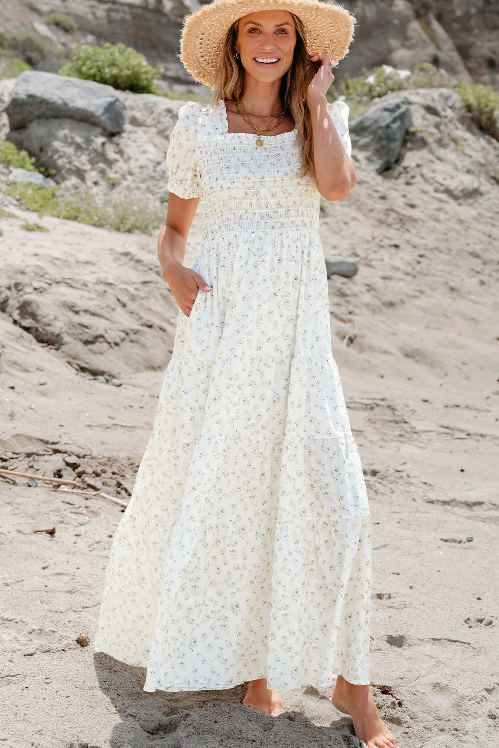 White Frilly Shirred Bodice Tiered Floral Maxi Dress eAura