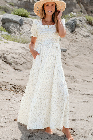 White Frilly Shirred Bodice Tiered Floral Maxi Dress eAura