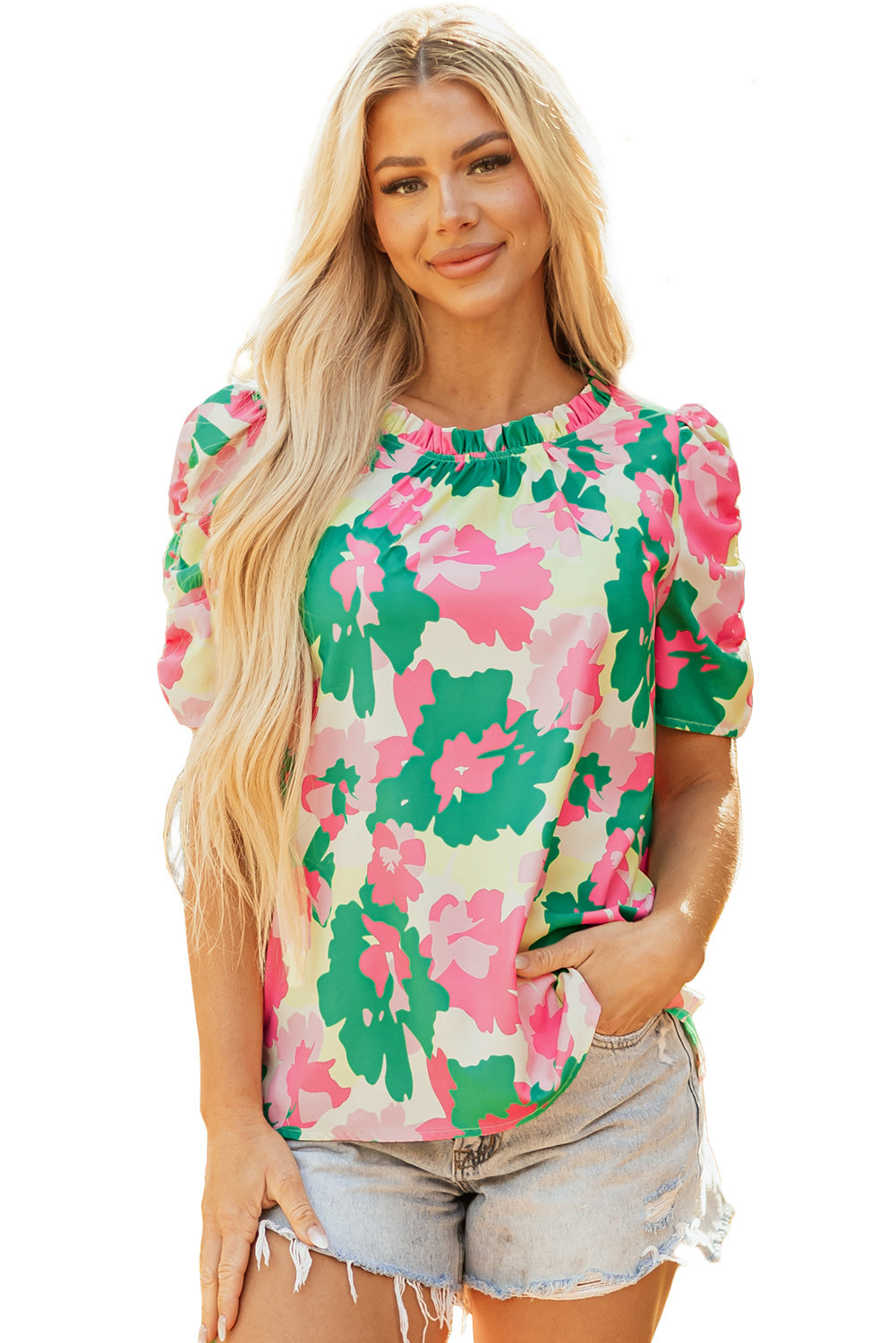 Green Abstract Print Frilly Neck Ruched Short Sleeve Blouse eAura