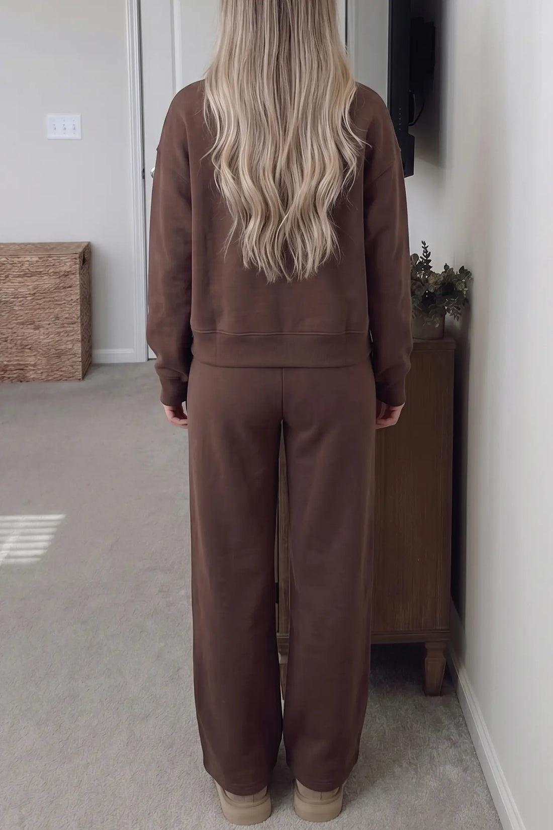 Coffee Solid Colour Piping Trim Mock Neck Pullover Drawstring Pants Set – Brown