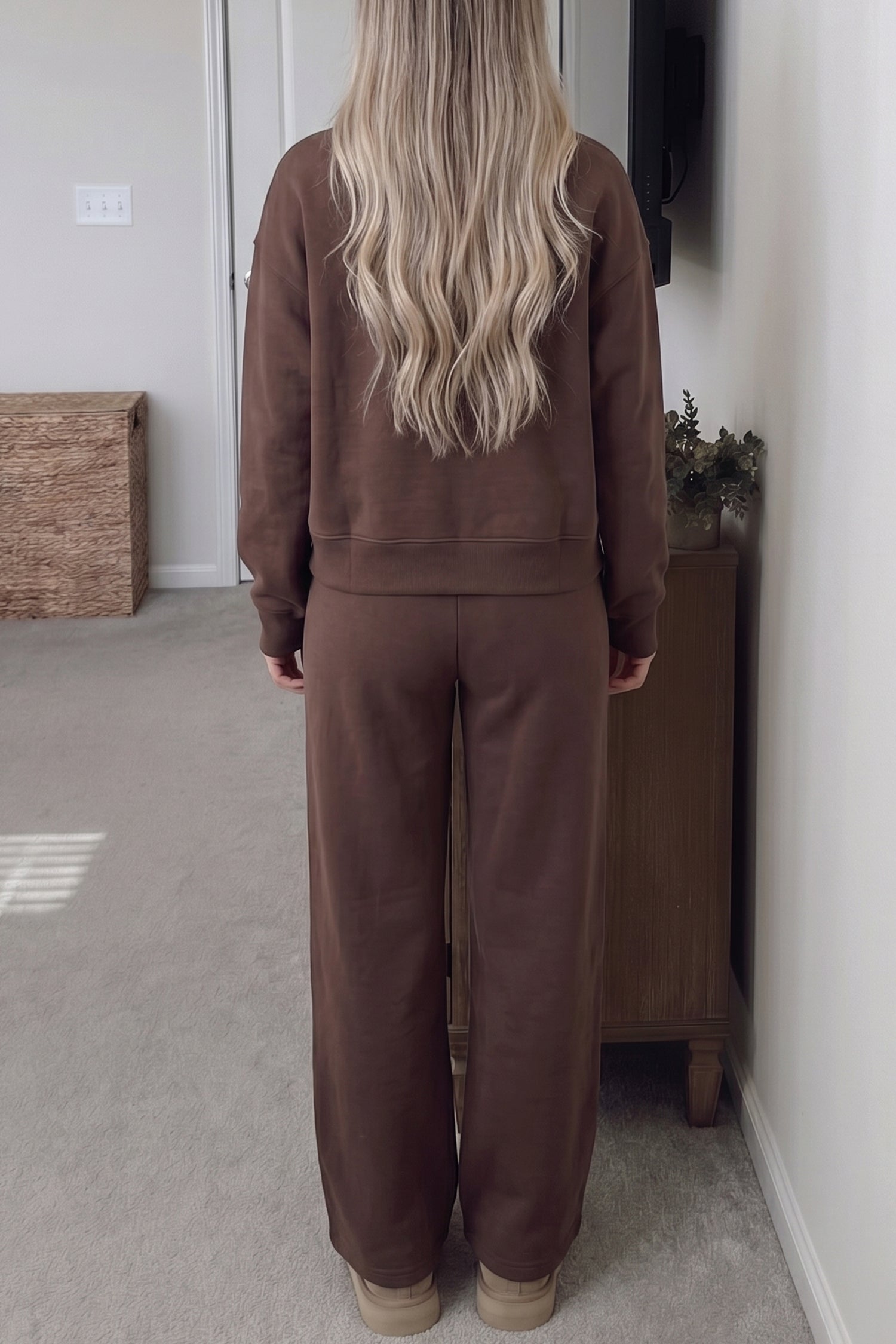 Coffee Solid Color Piping Trim Mock Neck Pullover Drawstring Pants Set – Brown