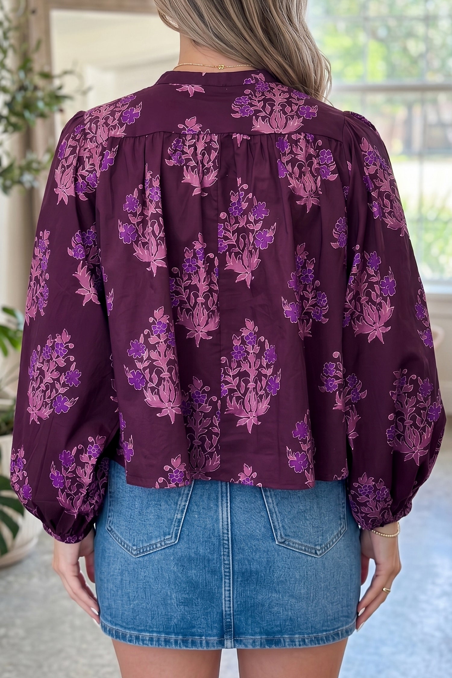 Floral Print Button Front Long Puff Sleeve Shirt – Purple