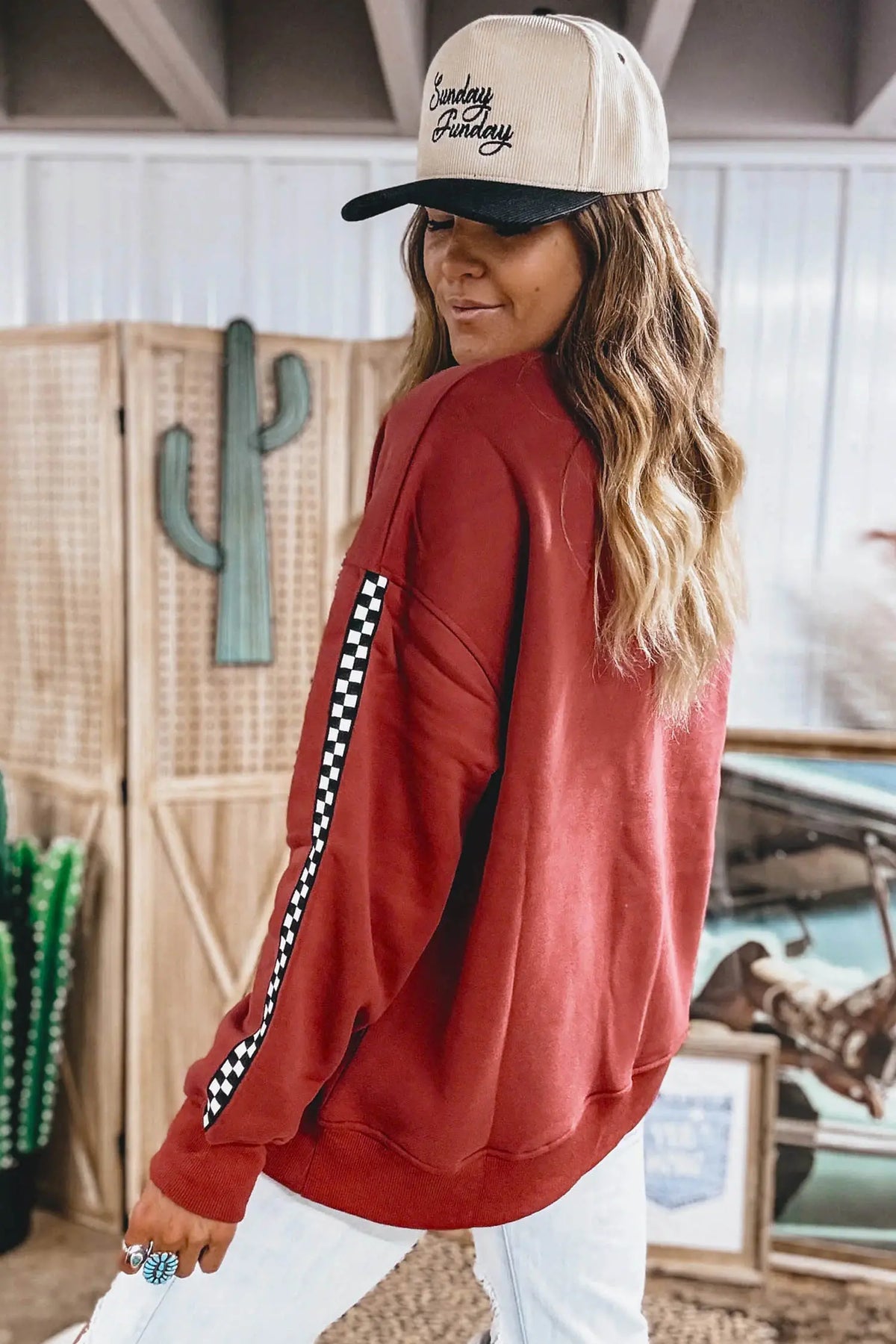 Shift Sweatshirt Checkered Trim Long Sleeve Round Neck