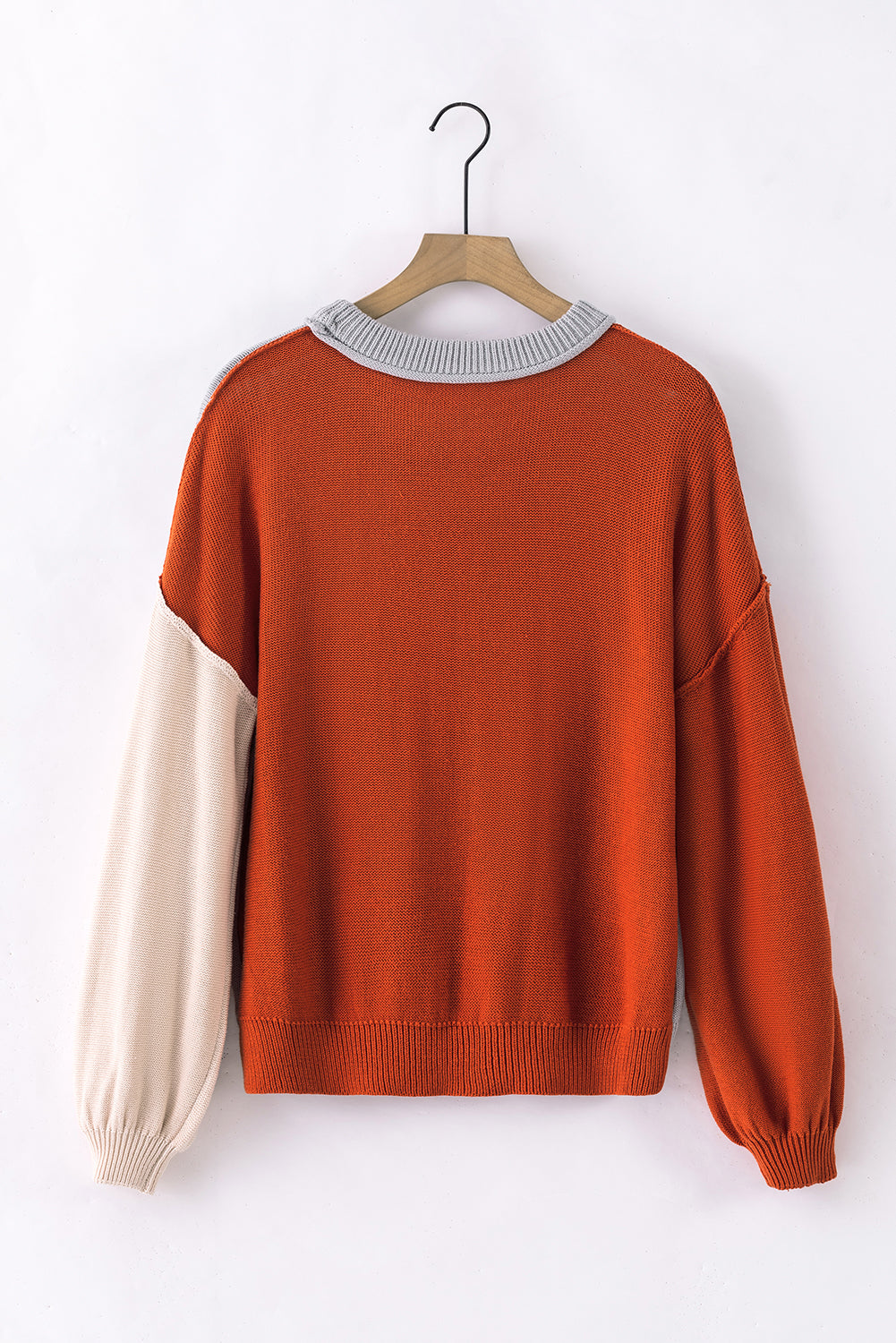 Pink Colourblock Bishop Sleeve Ribbed Trim Sweater eAura
