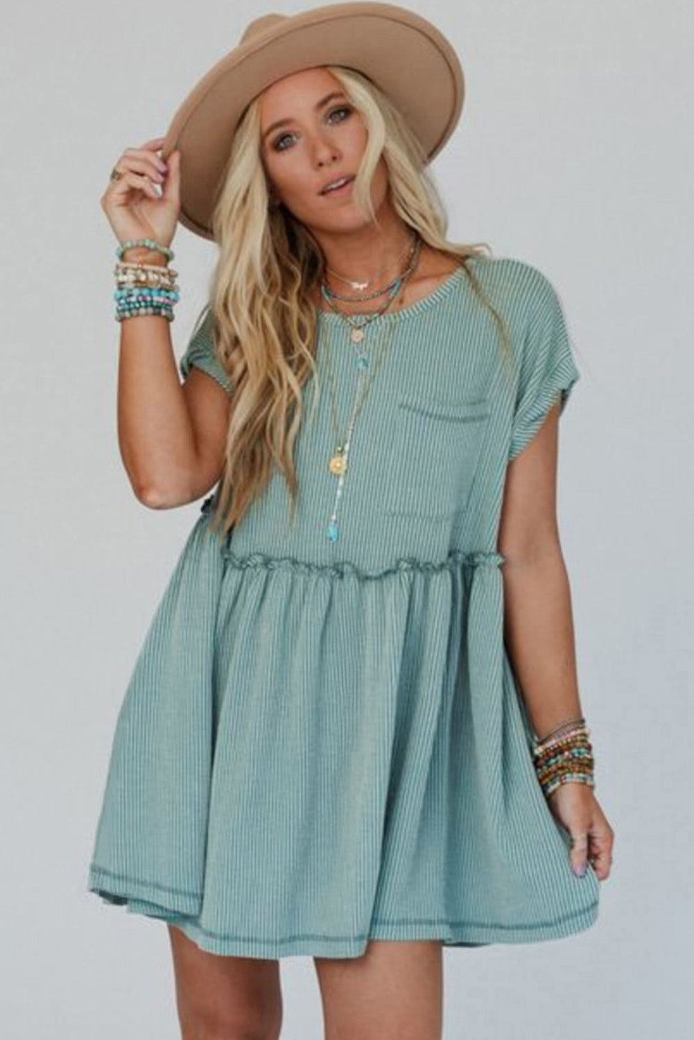 Canton Ribbed Knit Textured Patched Pocket Frilled Swing Mini Dress with Pockets eAura
