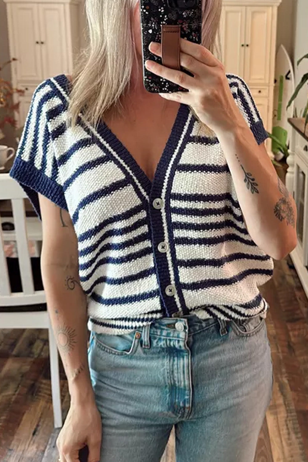 Blue Stripe Loose Buttoned V Neck Sweater Vest eAura