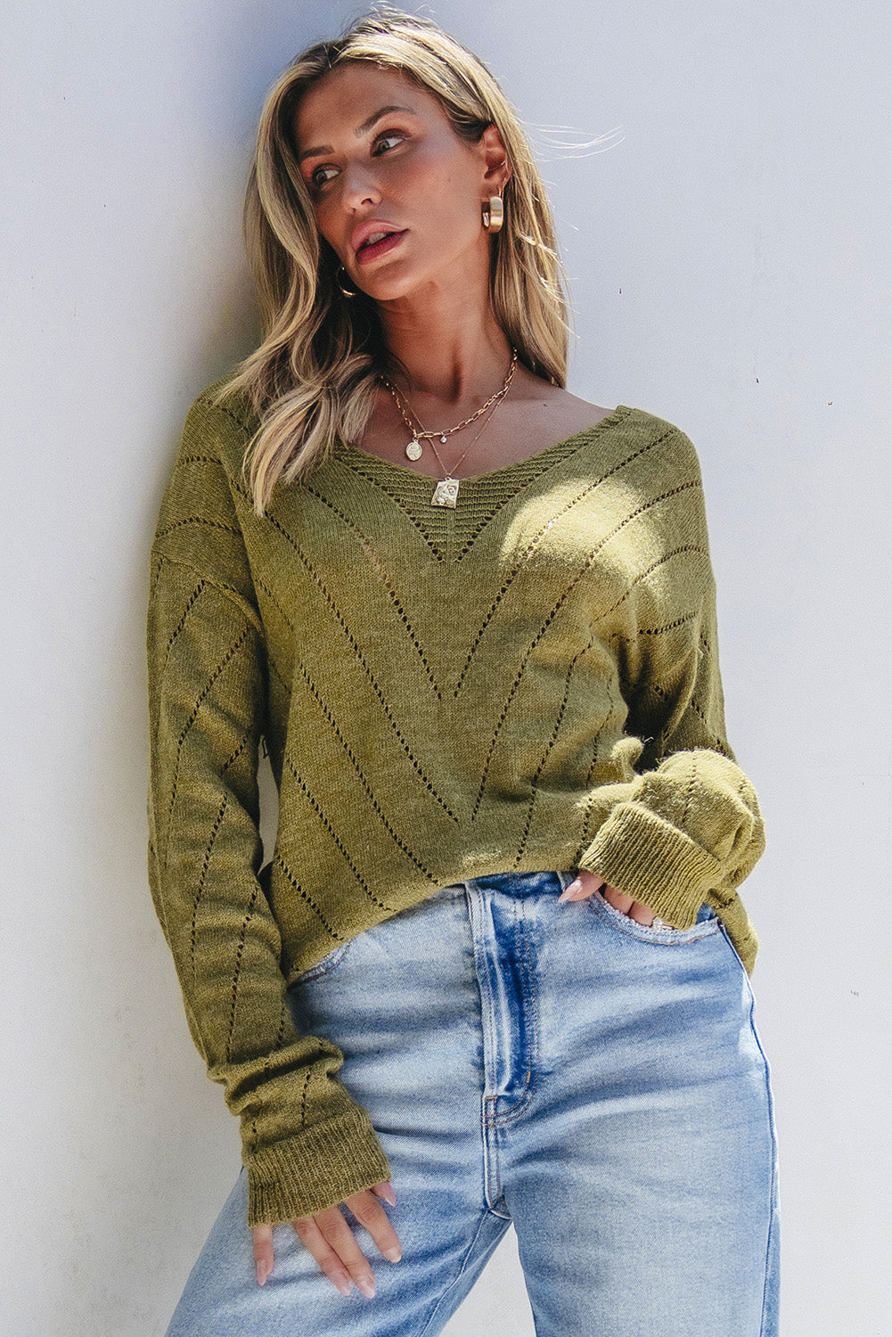 Sage Green Solid Eyelet Drop Shoulder V Neck Sweater eAura