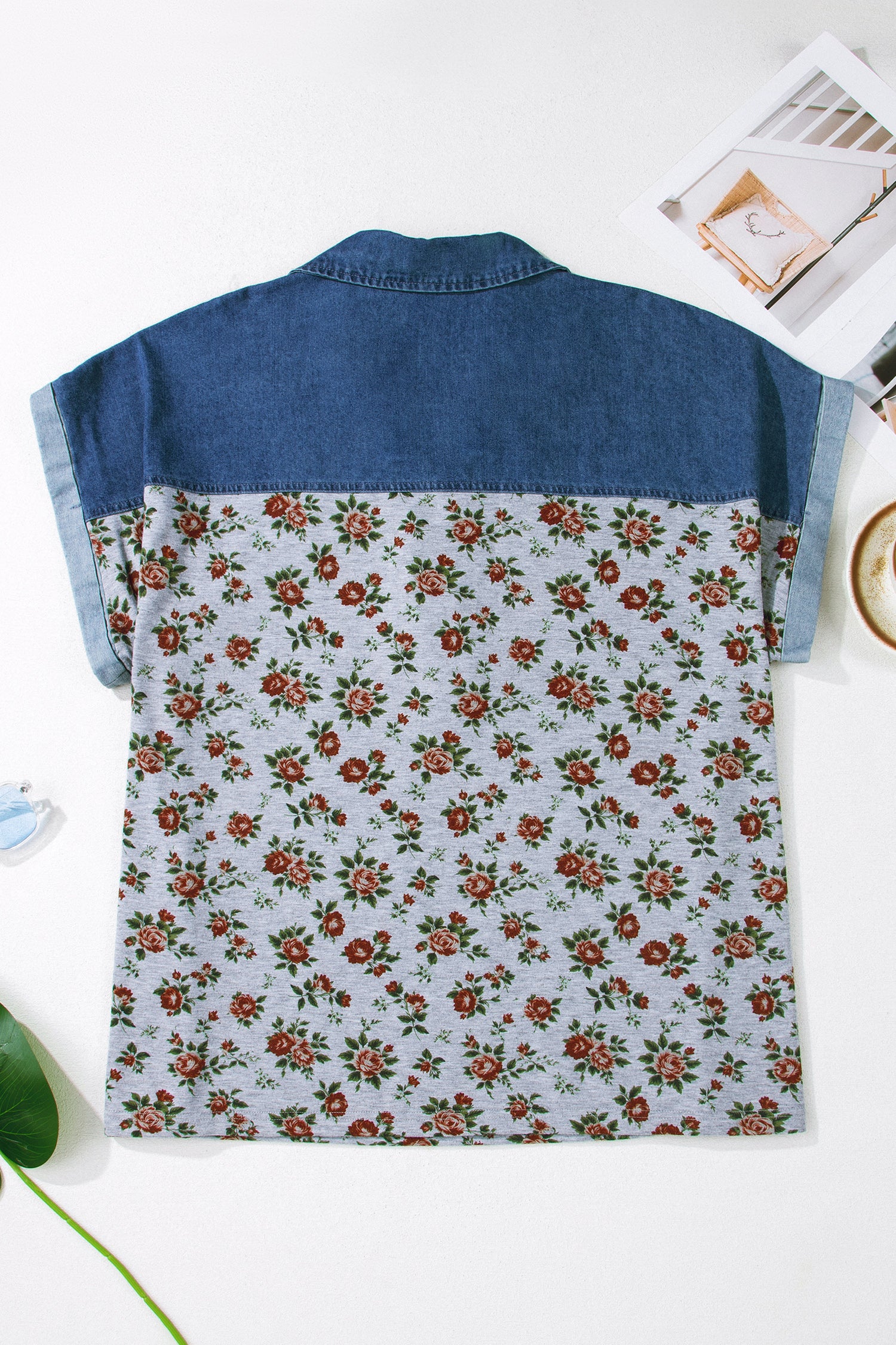Retro Floral Print Denim Patchwork Plus Size Polo Tee