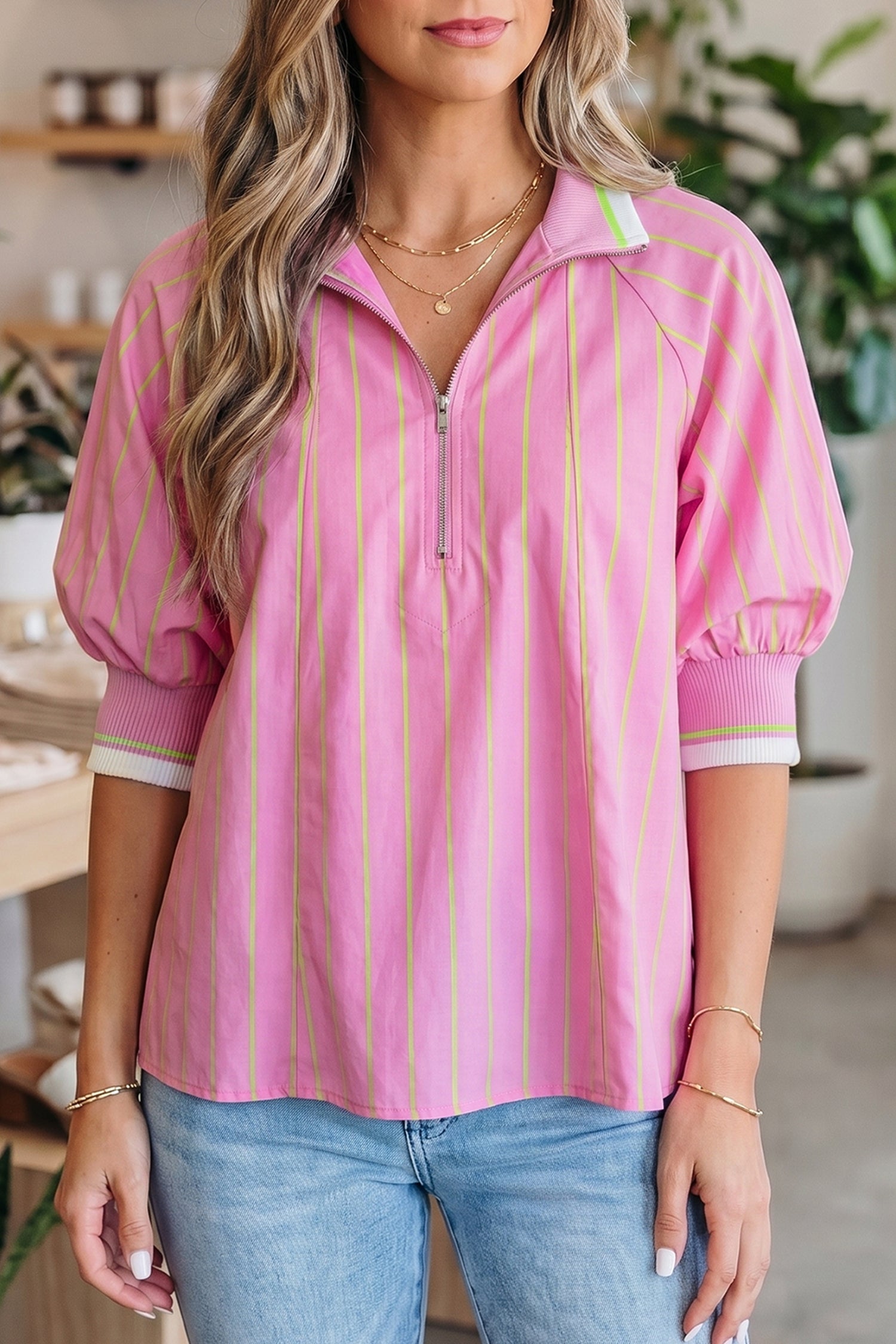 Striped V-Neck Half Sleeve Zipper Ribbed Cuff Casual Shift Blouse – Pink Stripe