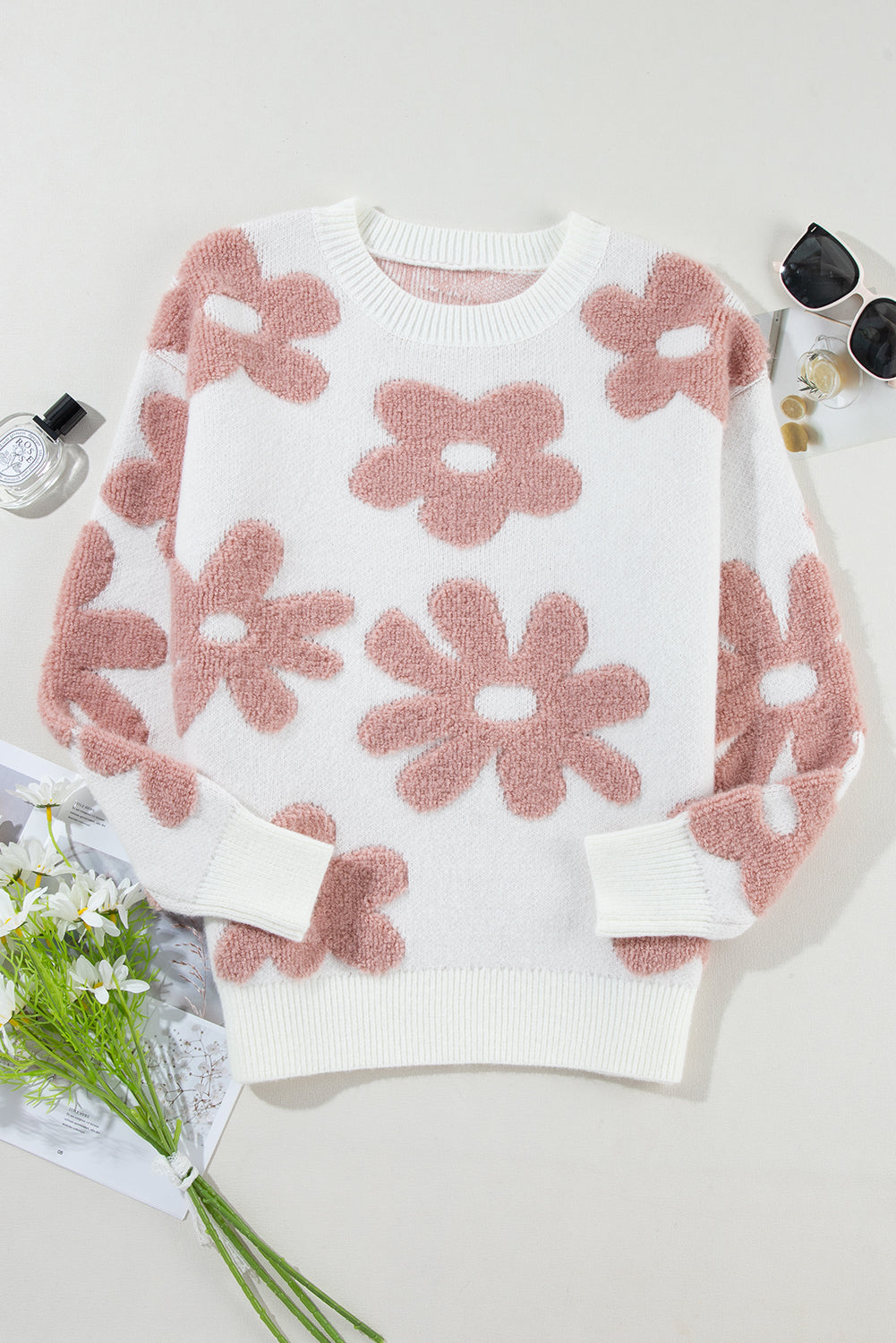 White Textured Flower Drop Shoulder Loose Sweater eAura